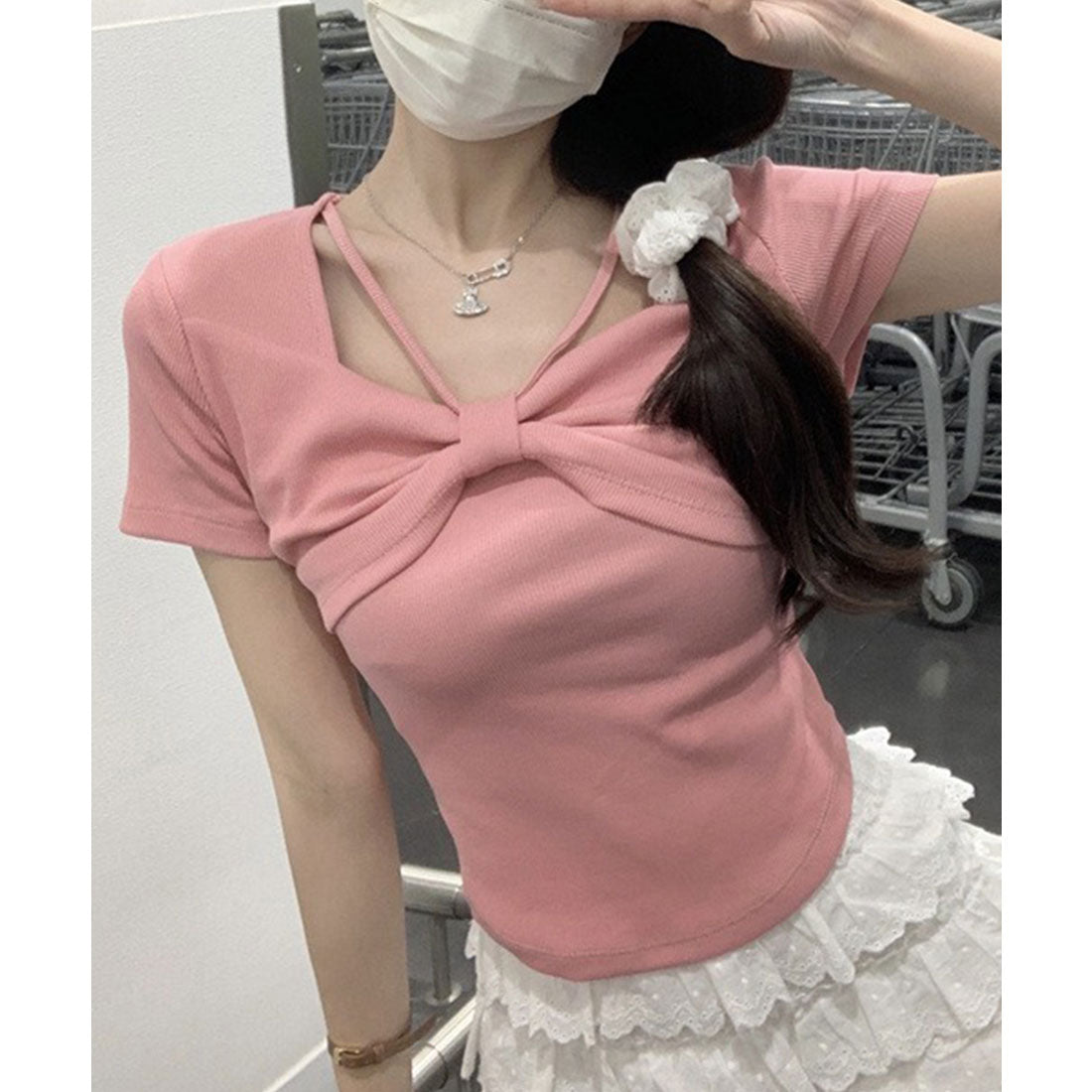 レースレディース Lace Ladies リボン ホルター デザイン 半袖 Tシャツ （ピンク） ピンク