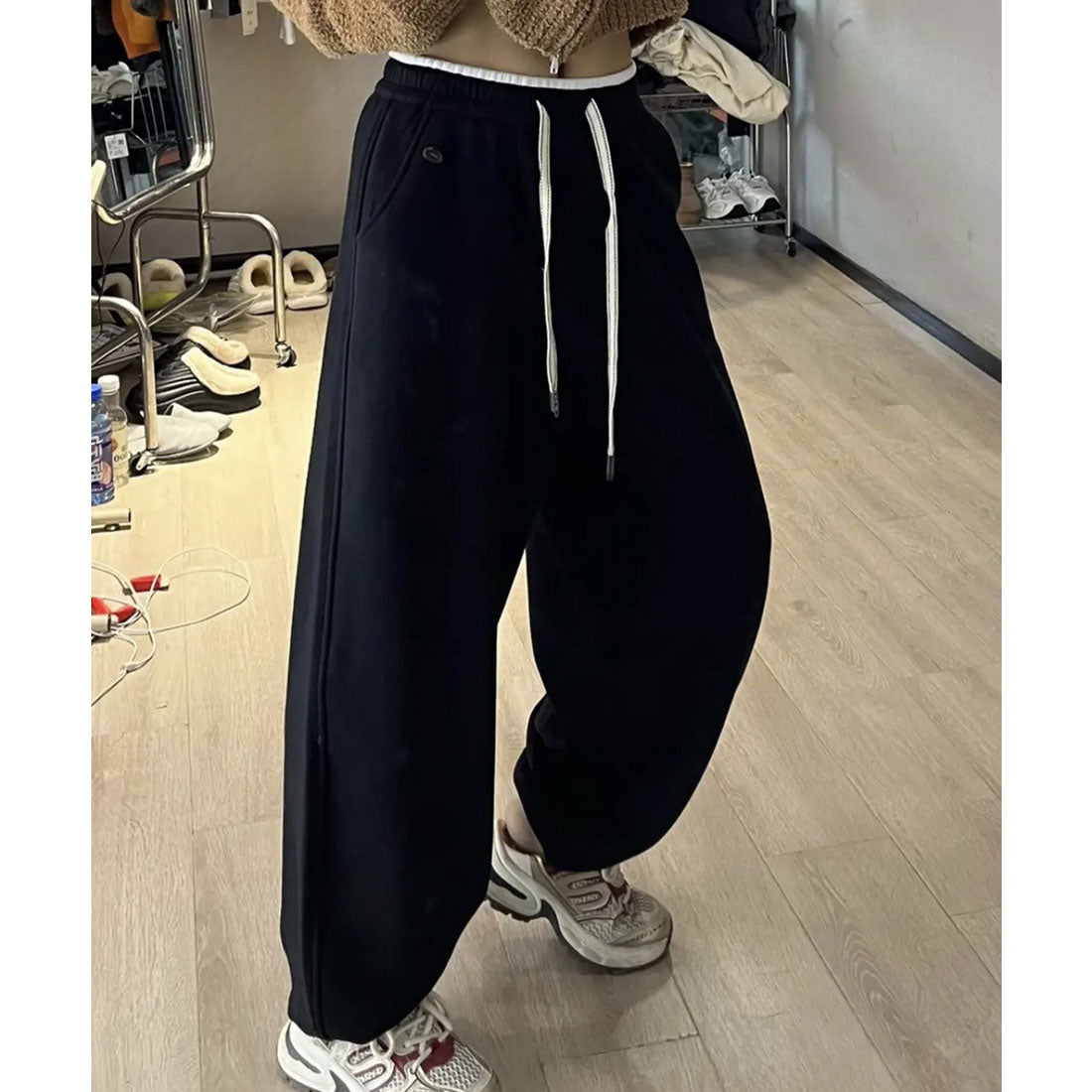レースレディース Lace Ladies 裾絞り ハイウエスト スウェット トラック パンツ （ブラック） ブラック