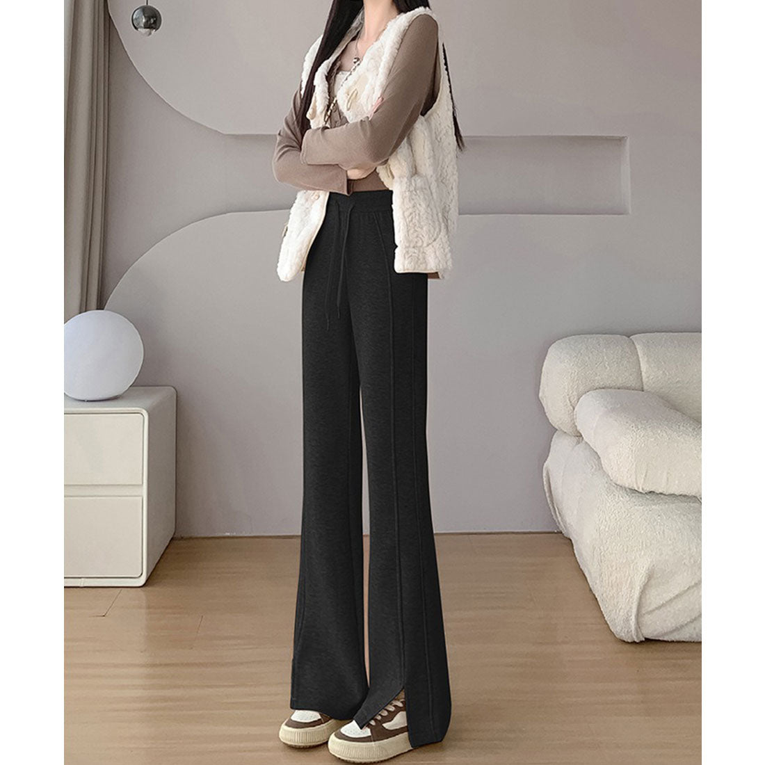レースレディース Lace Ladies フレア スリット入り スウェット トラック パンツ （ブラック） ブラック