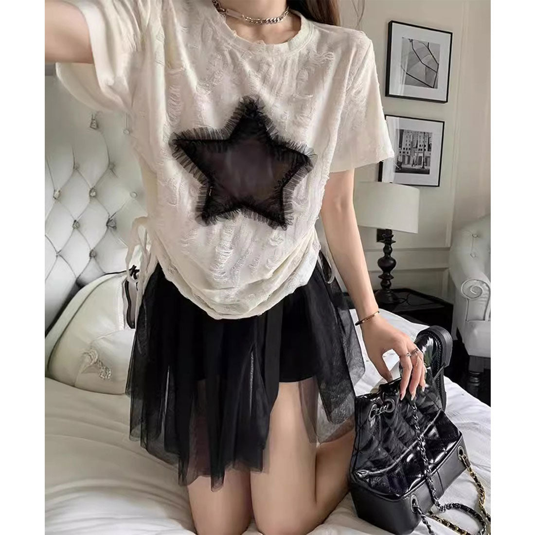 レースレディース Lace Ladies スター モチーフ ダメージ サイドシャーリング Tシャツ （アイボリー） アイボリー