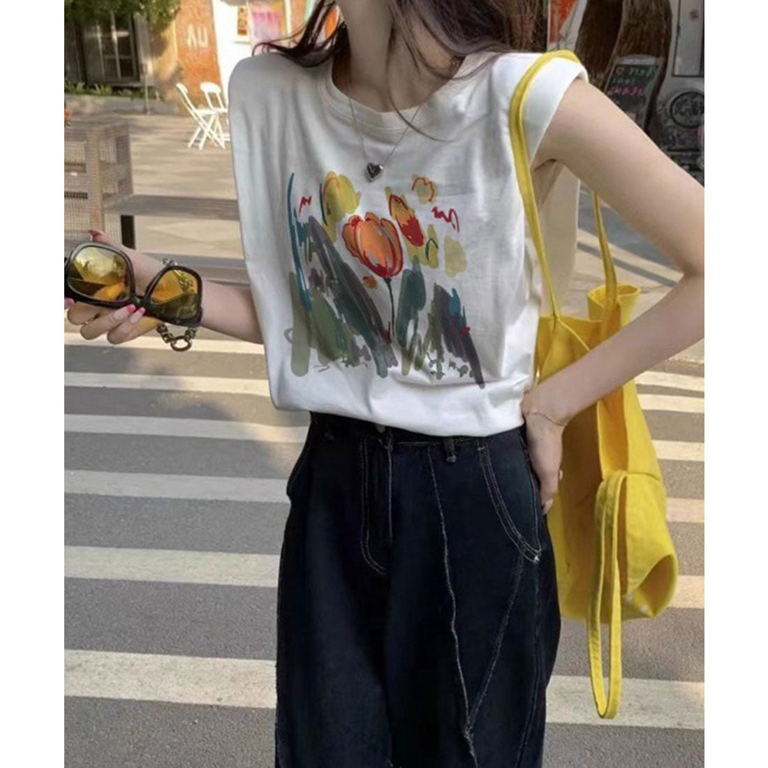 レースレディース Lace Ladies フラワー プリント ノースリーブ コットン Tシャツ （ホワイト） ホワイト