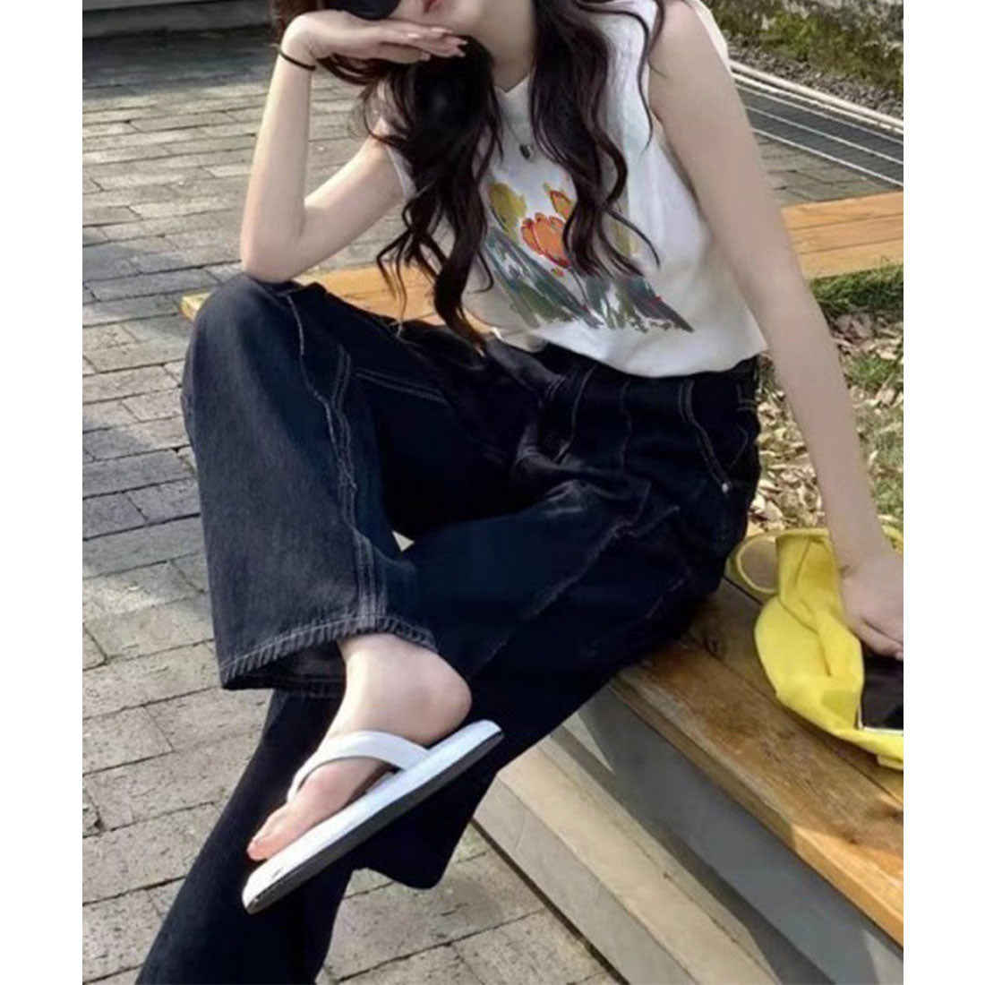レースレディース Lace Ladies フラワー プリント ノースリーブ コットン Tシャツ （ホワイト） ホワイト