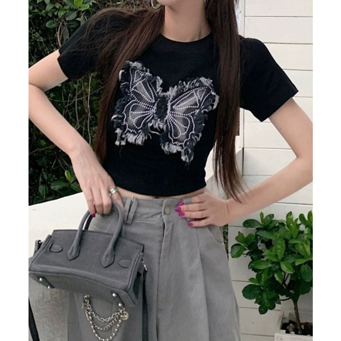 レースレディース Lace Ladies バタフライ クロップド丈 クルーネック 半袖 Tシャツ （ブラック） ブラック