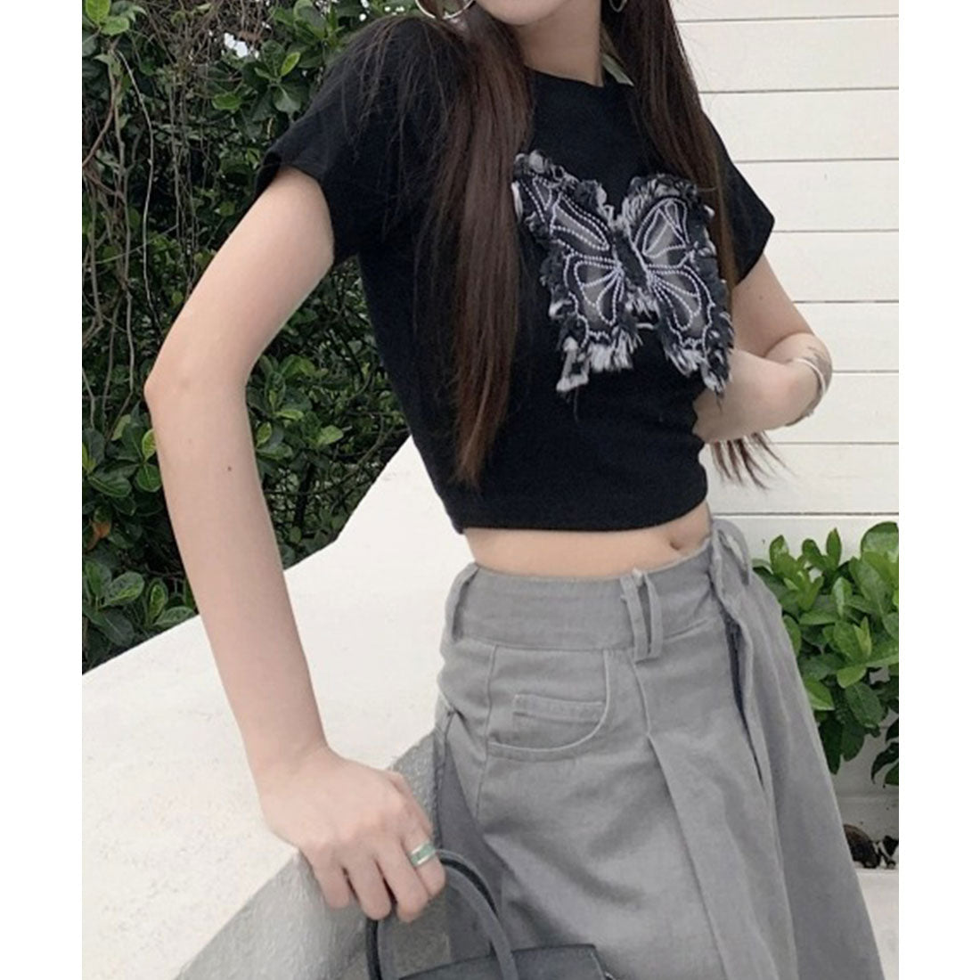 レースレディース Lace Ladies バタフライ クロップド丈 クルーネック 半袖 Tシャツ （ブラック） ブラック