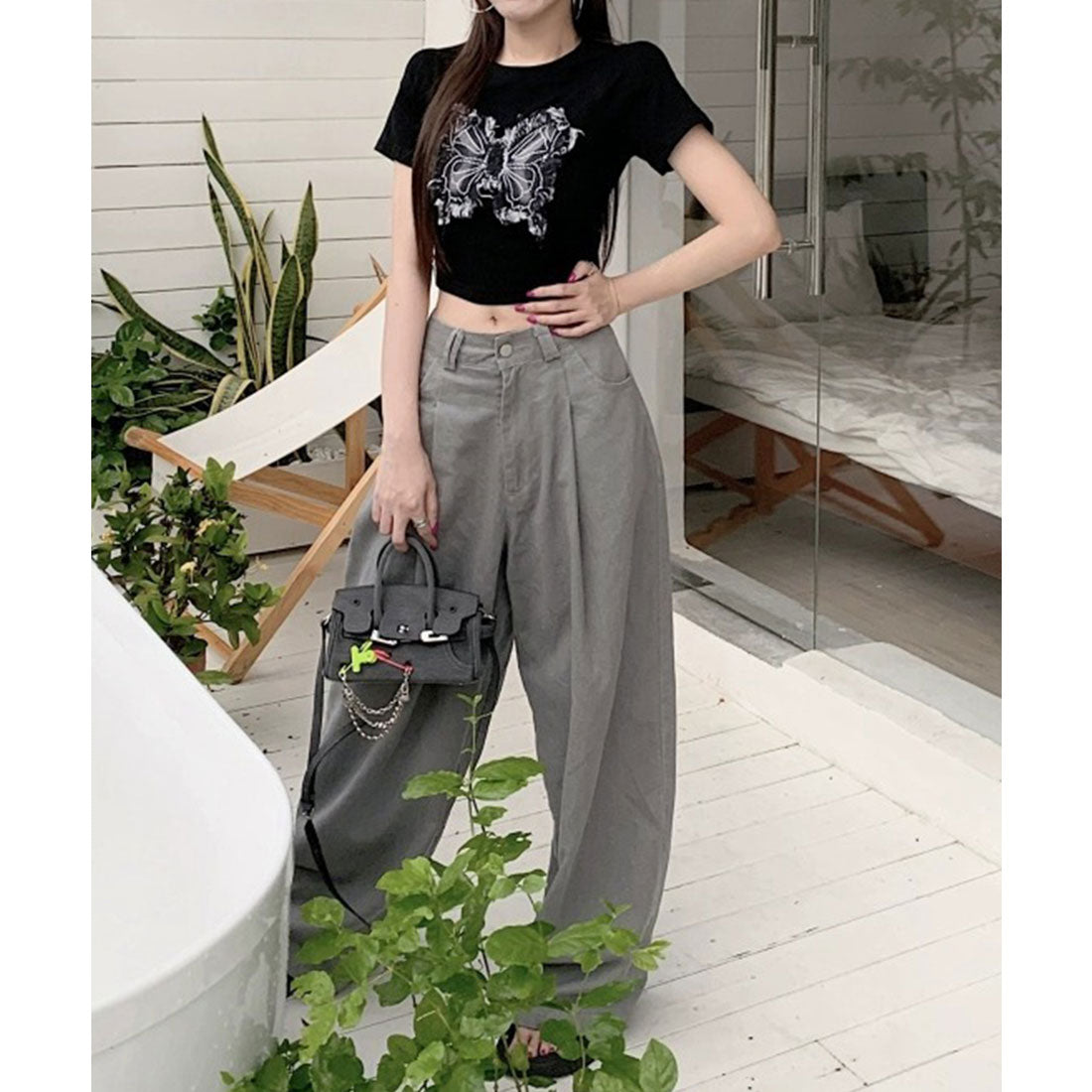 レースレディース Lace Ladies バタフライ クロップド丈 クルーネック 半袖 Tシャツ （ブラック） ブラック