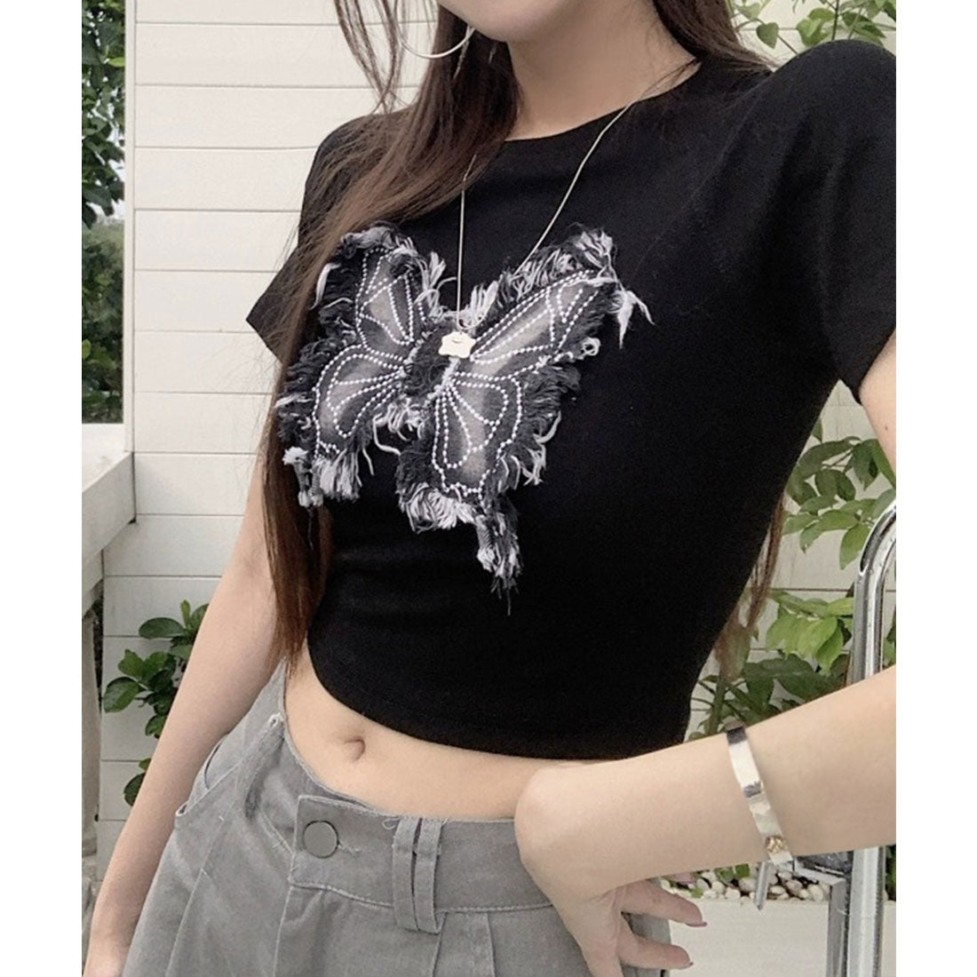 レースレディース Lace Ladies バタフライ クロップド丈 クルーネック 半袖 Tシャツ （ブラック） ブラック