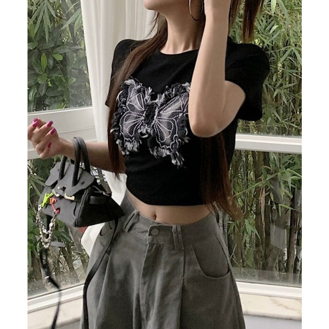 レースレディース Lace Ladies バタフライ クロップド丈 クルーネック 半袖 Tシャツ （ブラック） ブラック