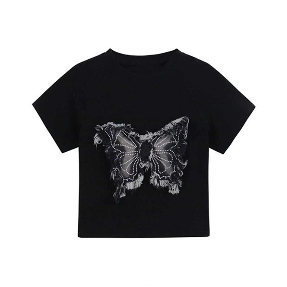 レースレディース Lace Ladies バタフライ クロップド丈 クルーネック 半袖 Tシャツ （ブラック） ブラック