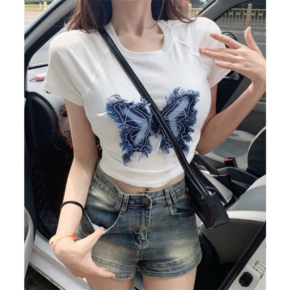 レースレディース Lace Ladies バタフライ クロップド丈 クルーネック 半袖 Tシャツ （ホワイト） ホワイト