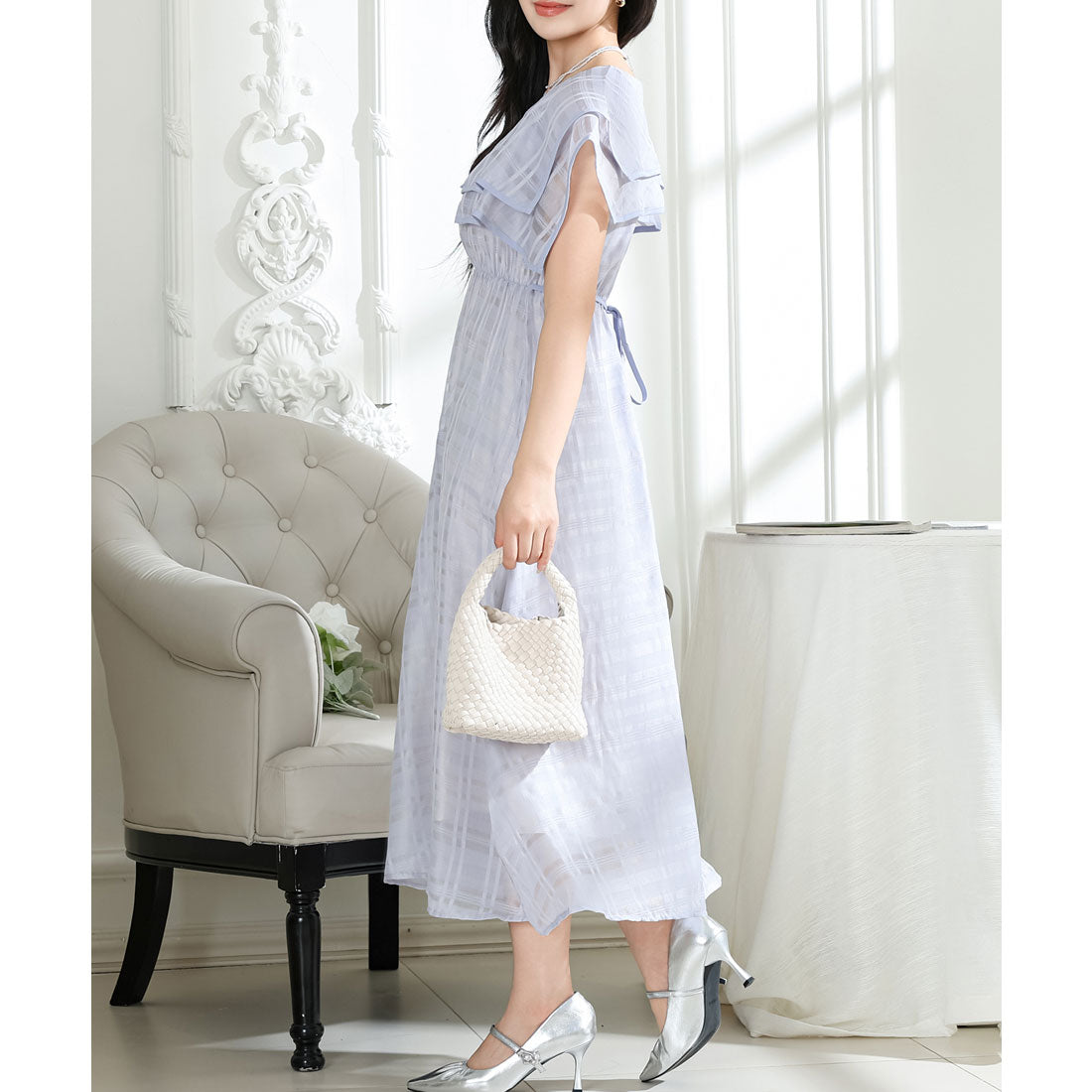レースレディース Lace Ladies シアー チェック柄 スクエアカラー ロング ワンピース （ラベンダー） ラベンダー