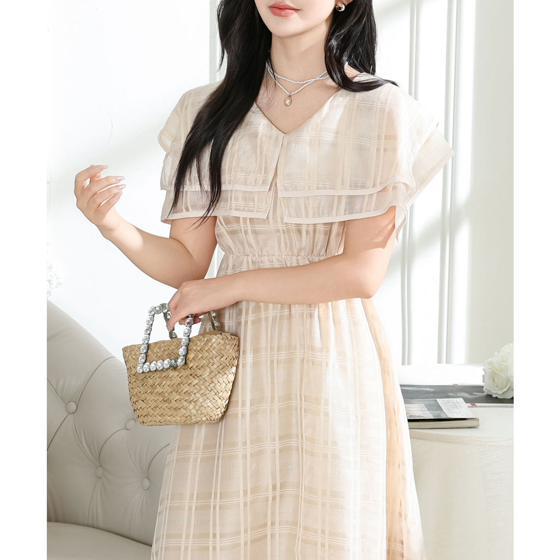 レースレディース Lace Ladies シアー チェック柄 スクエアカラー ロング ワンピース （ベージュ） ベージュ