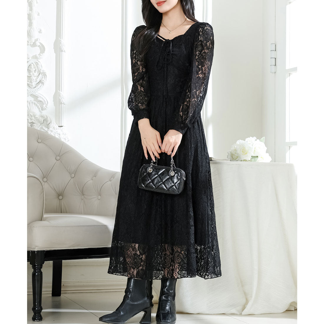 レースレディース Lace Ladies 総レース ウエスト 切り替え タックスリーブ ロング ワンピース （ブラック） ブラック