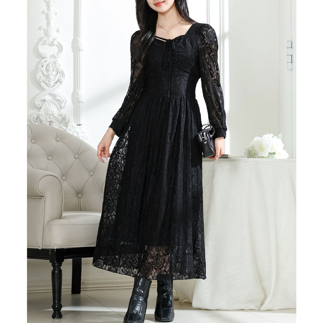 レースレディース Lace Ladies 総レース ウエスト 切り替え タックスリーブ ロング ワンピース （ブラック） ブラック