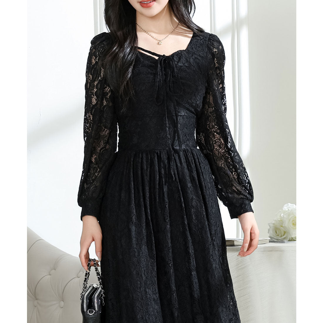 レースレディース Lace Ladies 総レース ウエスト 切り替え タックスリーブ ロング ワンピース （ブラック） ブラック