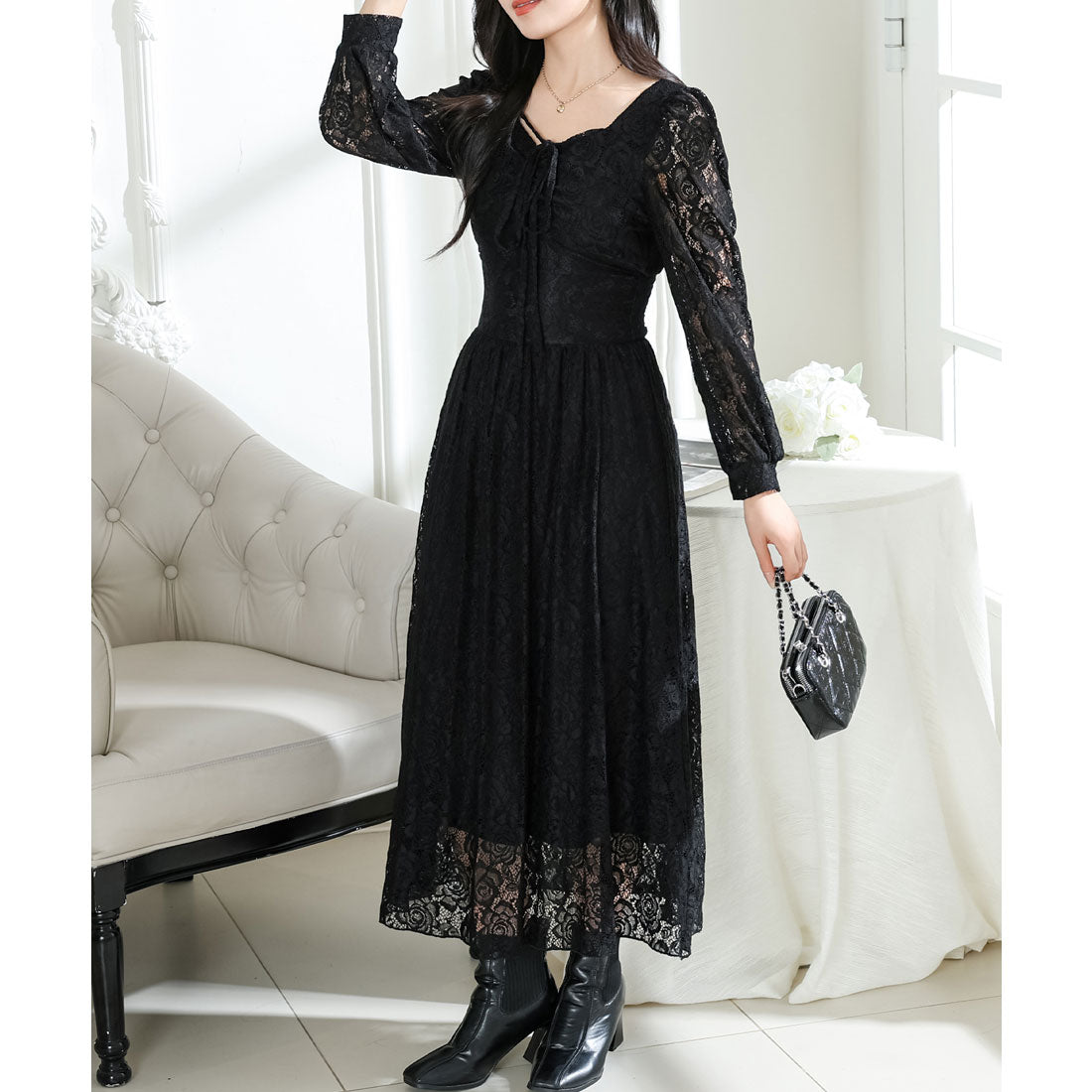 レースレディース Lace Ladies 総レース ウエスト 切り替え タックスリーブ ロング ワンピース （ブラック） ブラック