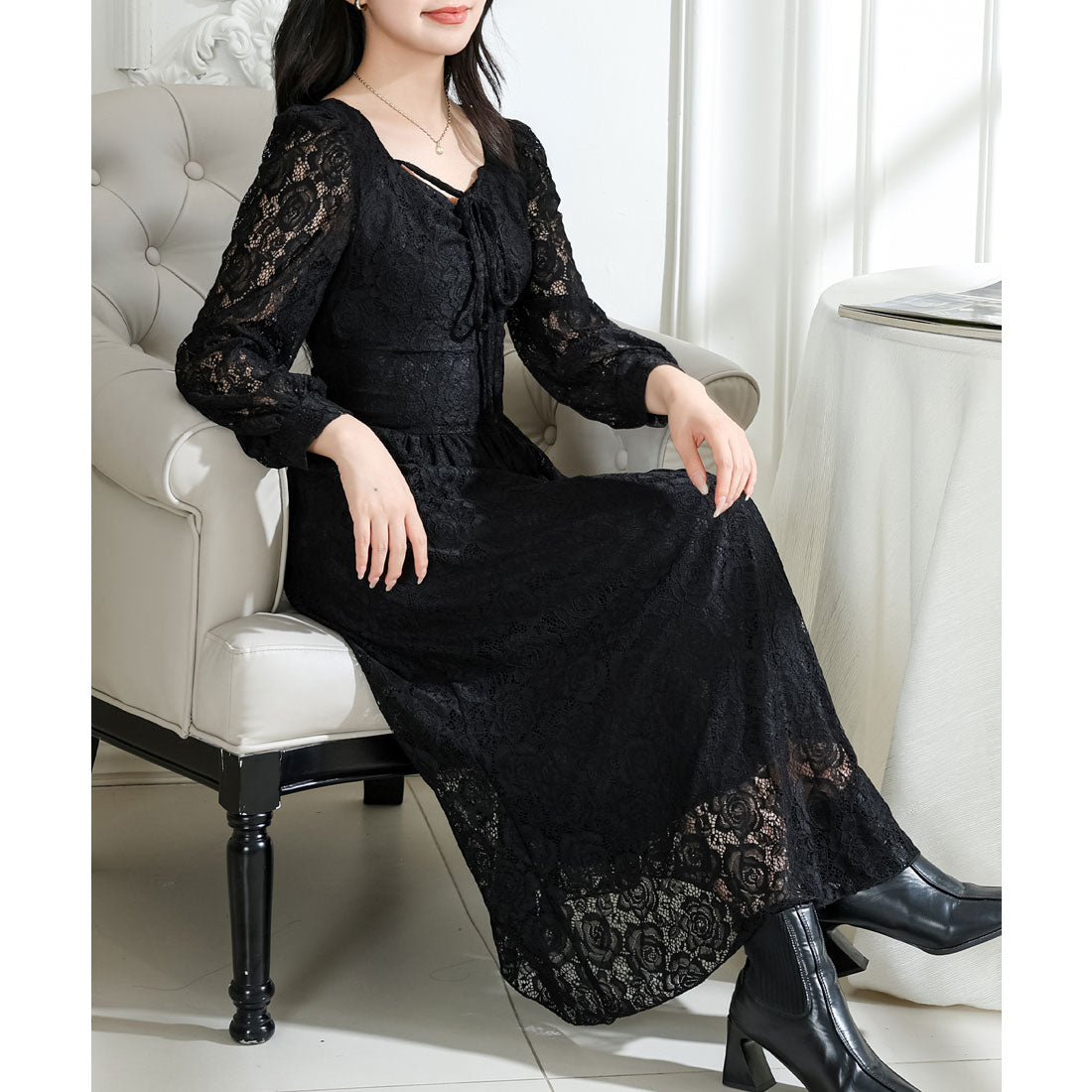 レースレディース Lace Ladies 総レース ウエスト 切り替え タックスリーブ ロング ワンピース （ブラック） ブラック