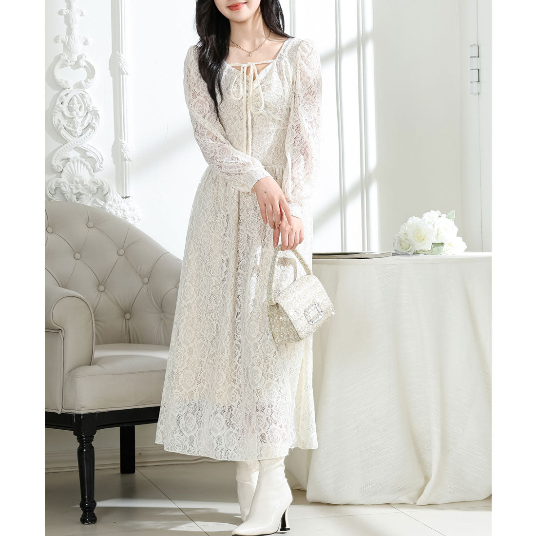 レースレディース Lace Ladies 総レース ウエスト 切り替え タックスリーブ ロング ワンピース （アイボリー） アイボリー