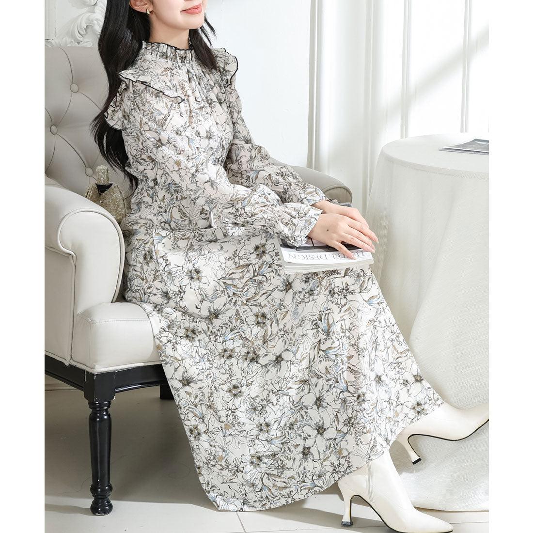 レースレディース Lace Ladies 花柄 肩フリル スタンドカラー ウエスト シャーリング ワンピース （アイボリー） アイボリー