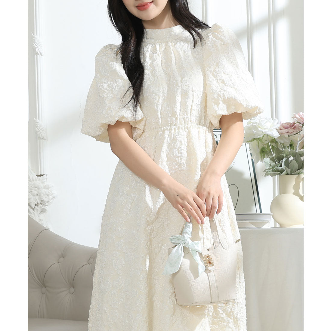 レースレディース Lace Ladies フラワー ジャガード バックリボン パフスリーブ ワンピース （アイボリー） アイボリー