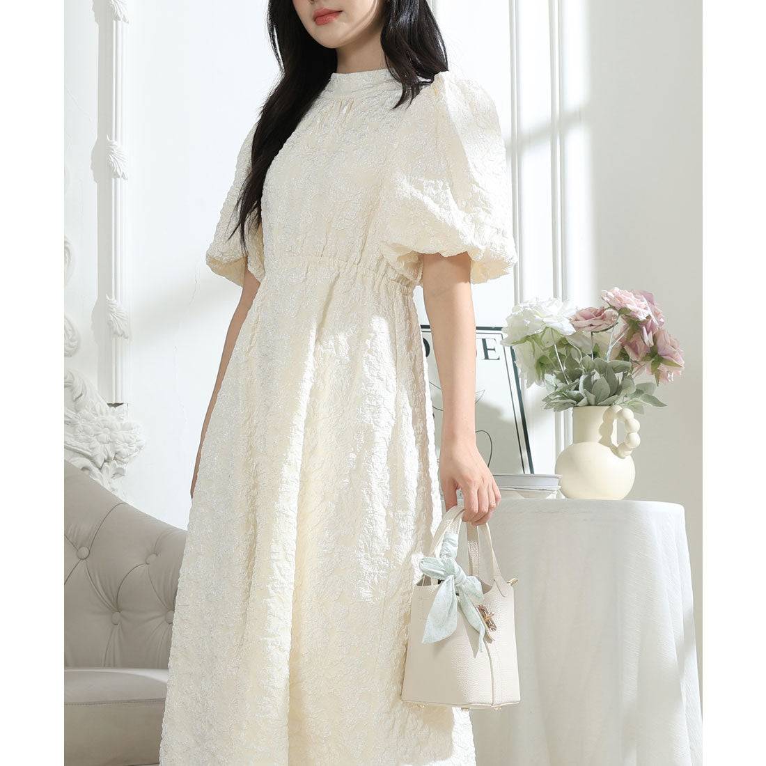 レースレディース Lace Ladies フラワー ジャガード バックリボン パフスリーブ ワンピース （アイボリー） アイボリー
