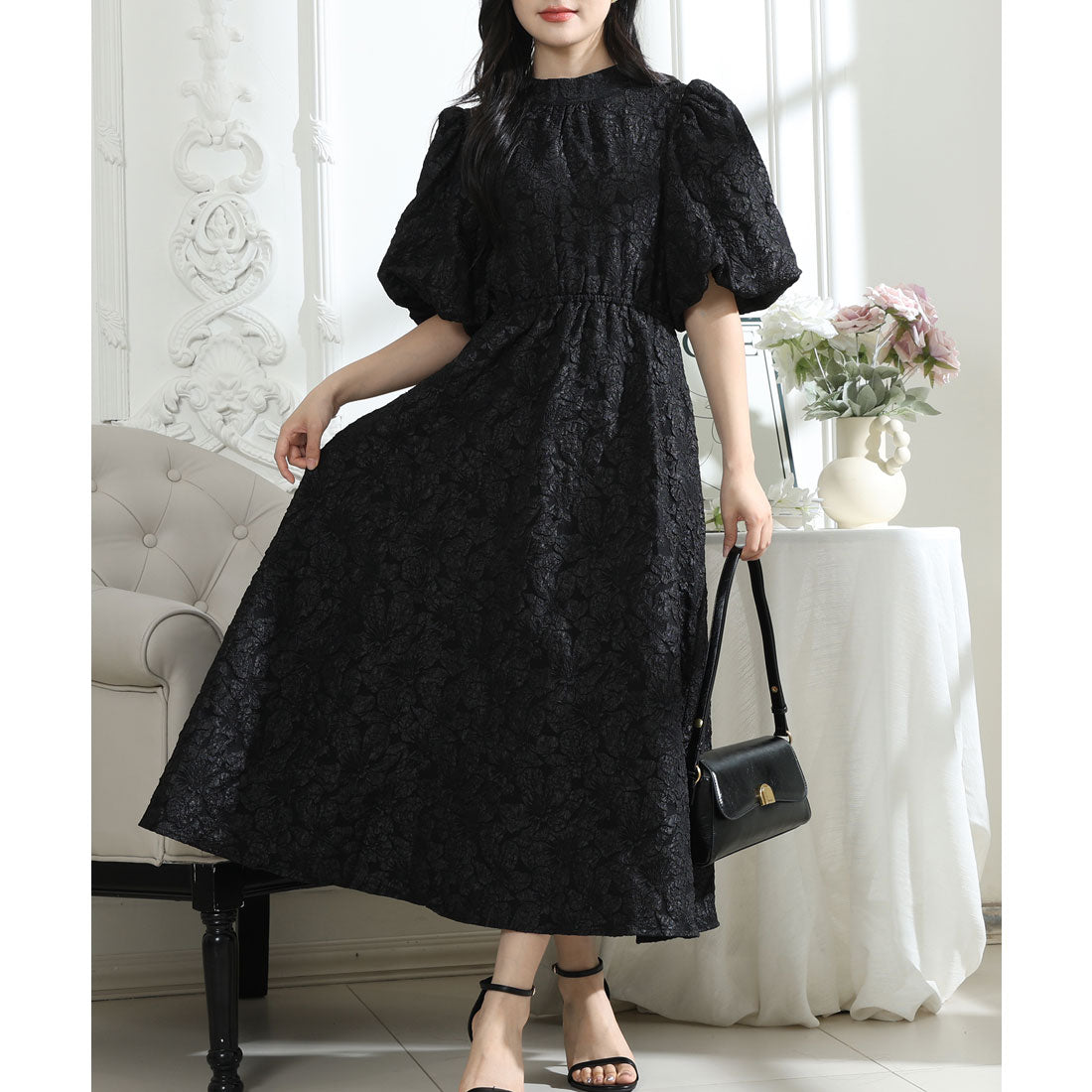 レースレディース Lace Ladies フラワー ジャガード バックリボン パフスリーブ ワンピース （ブラック） ブラック