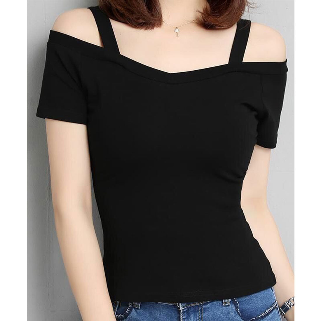 レースレディース Lace Ladies オフショル ストラップ付き 半袖 Vネック カットソー （ブラック） ブラック