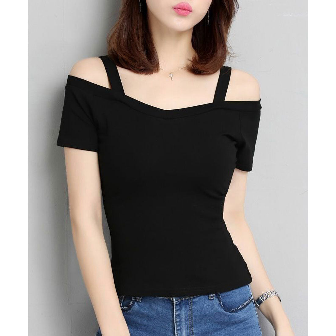 レースレディース Lace Ladies オフショル ストラップ付き 半袖 Vネック カットソー （ブラック） ブラック