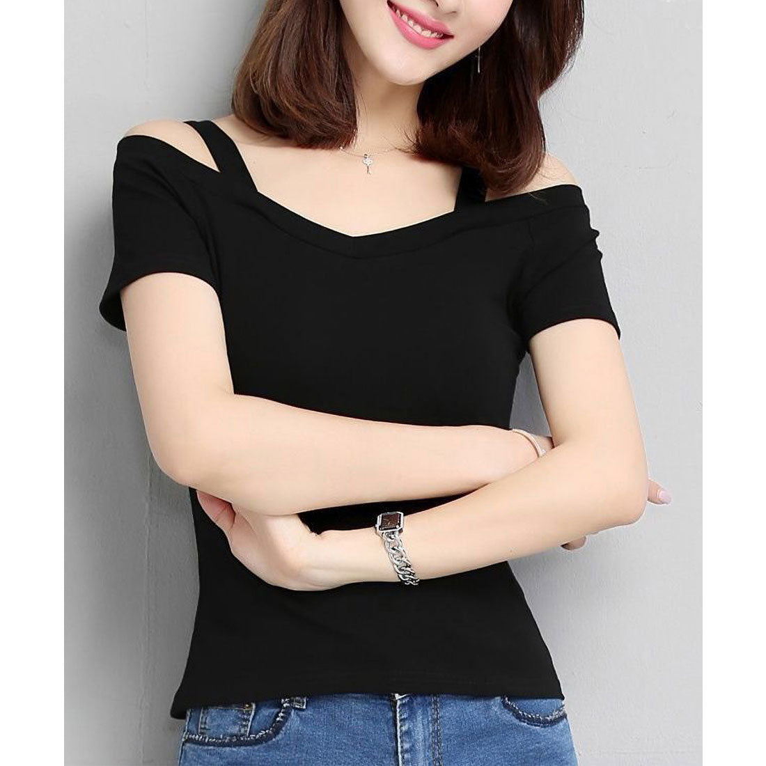 レースレディース Lace Ladies オフショル ストラップ付き 半袖 Vネック カットソー （ブラック） ブラック