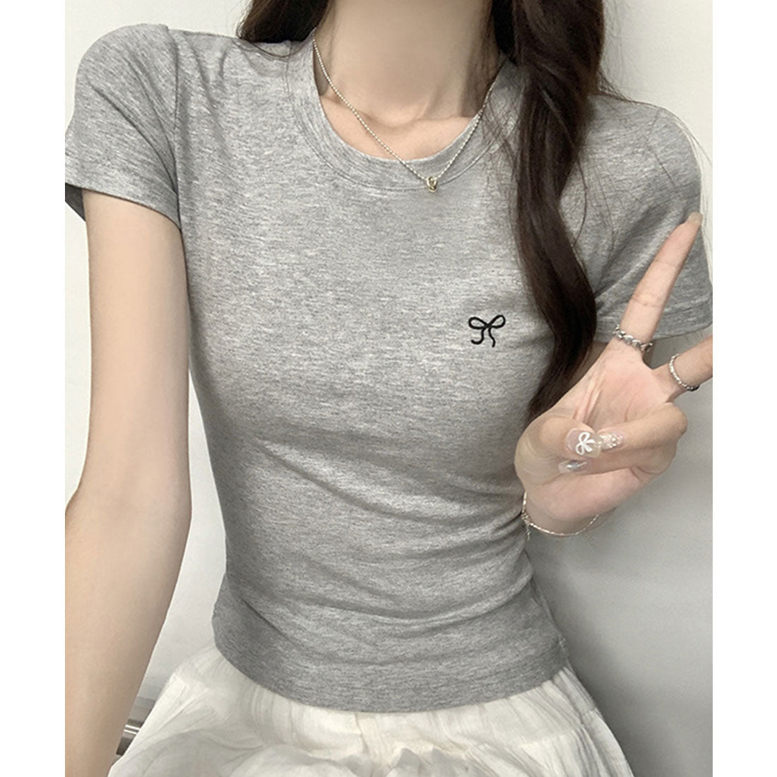 レースレディース Lace Ladies ワンポイント リボン刺繍 クルーネック 半袖 Tシャツ （グレー） グレー