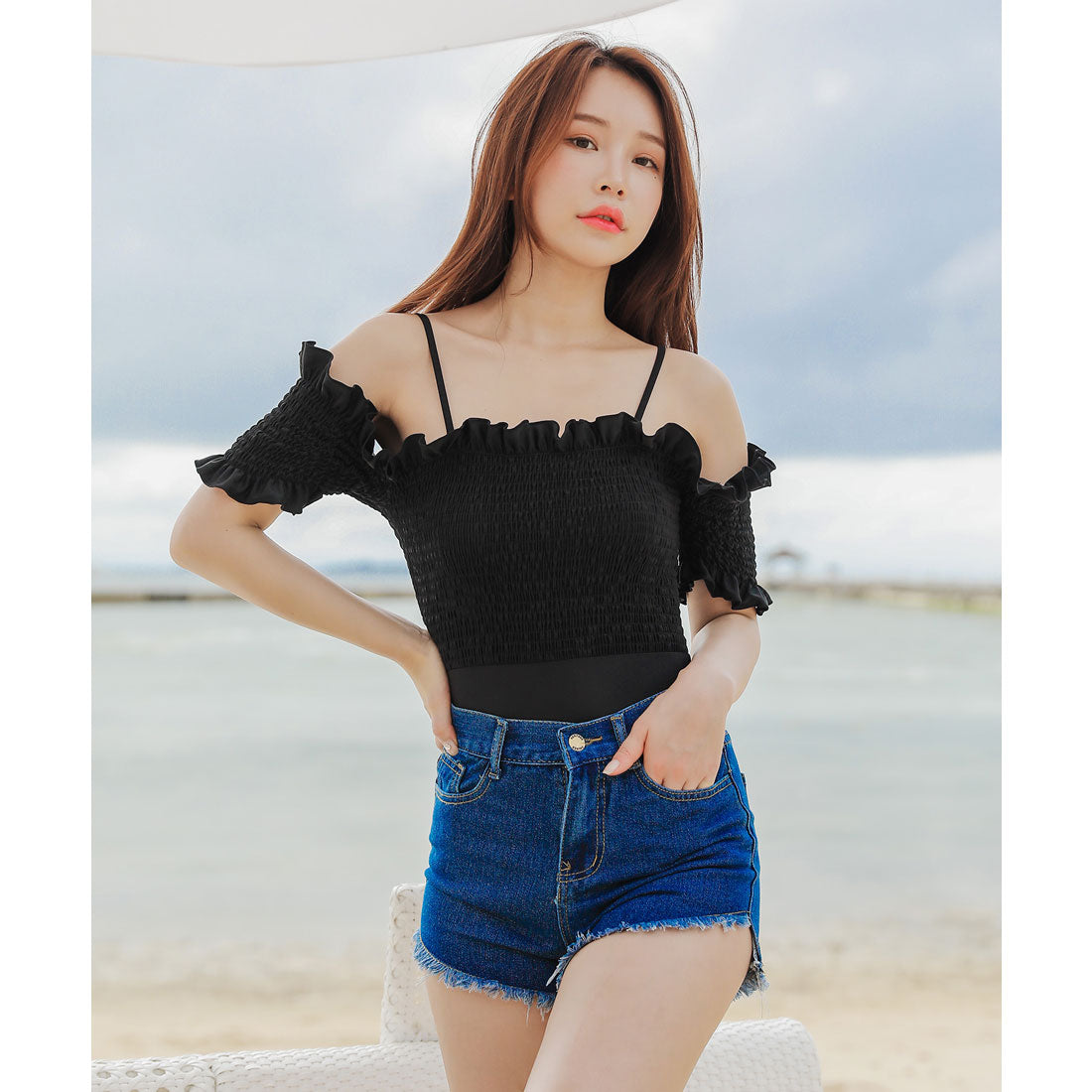 レースレディース Lace Ladies ワンピース水着デニム地ショートパンツ 2点セット【返品不可商品】,ブラック