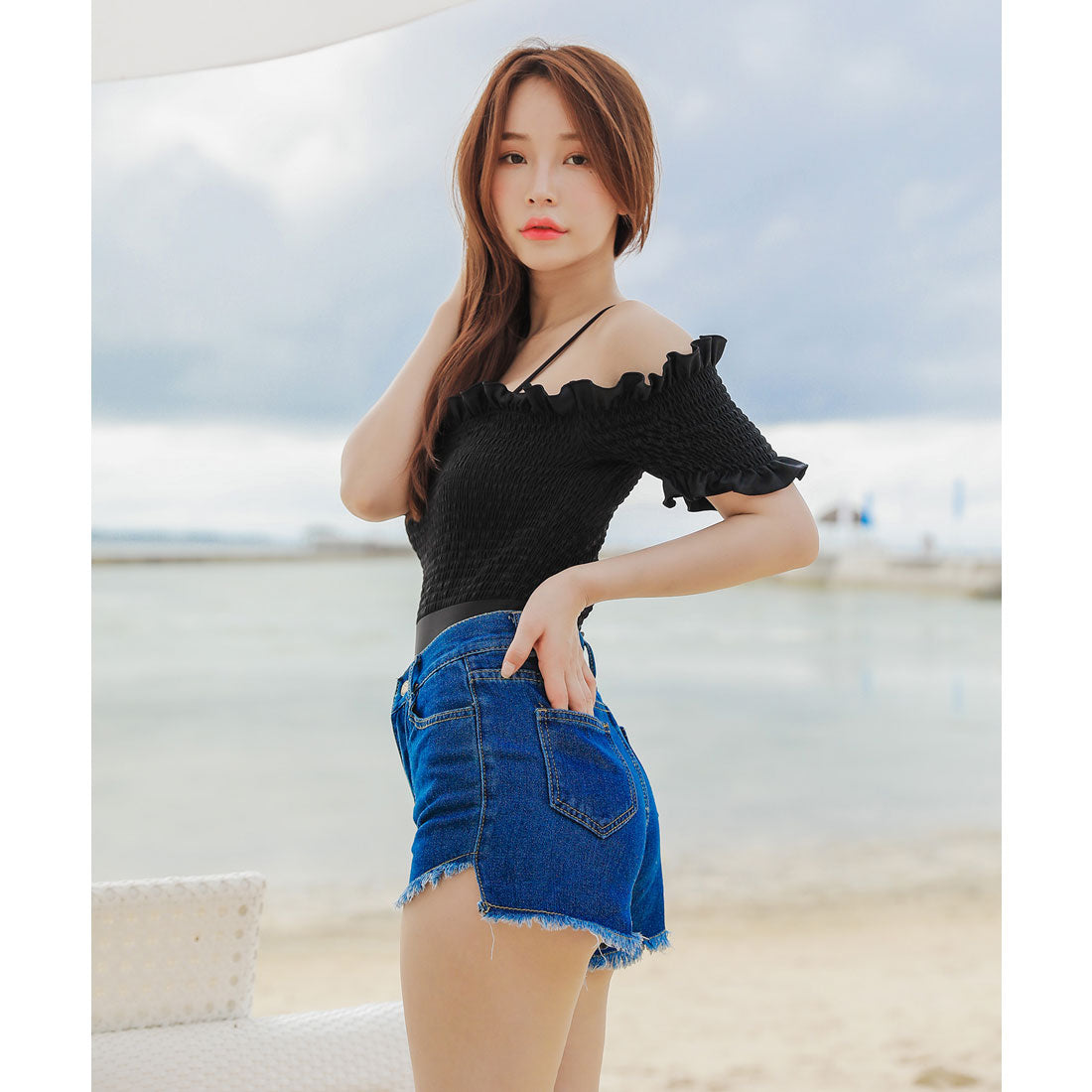 レースレディース Lace Ladies ワンピース水着デニム地ショートパンツ 2点セット【返品不可商品】