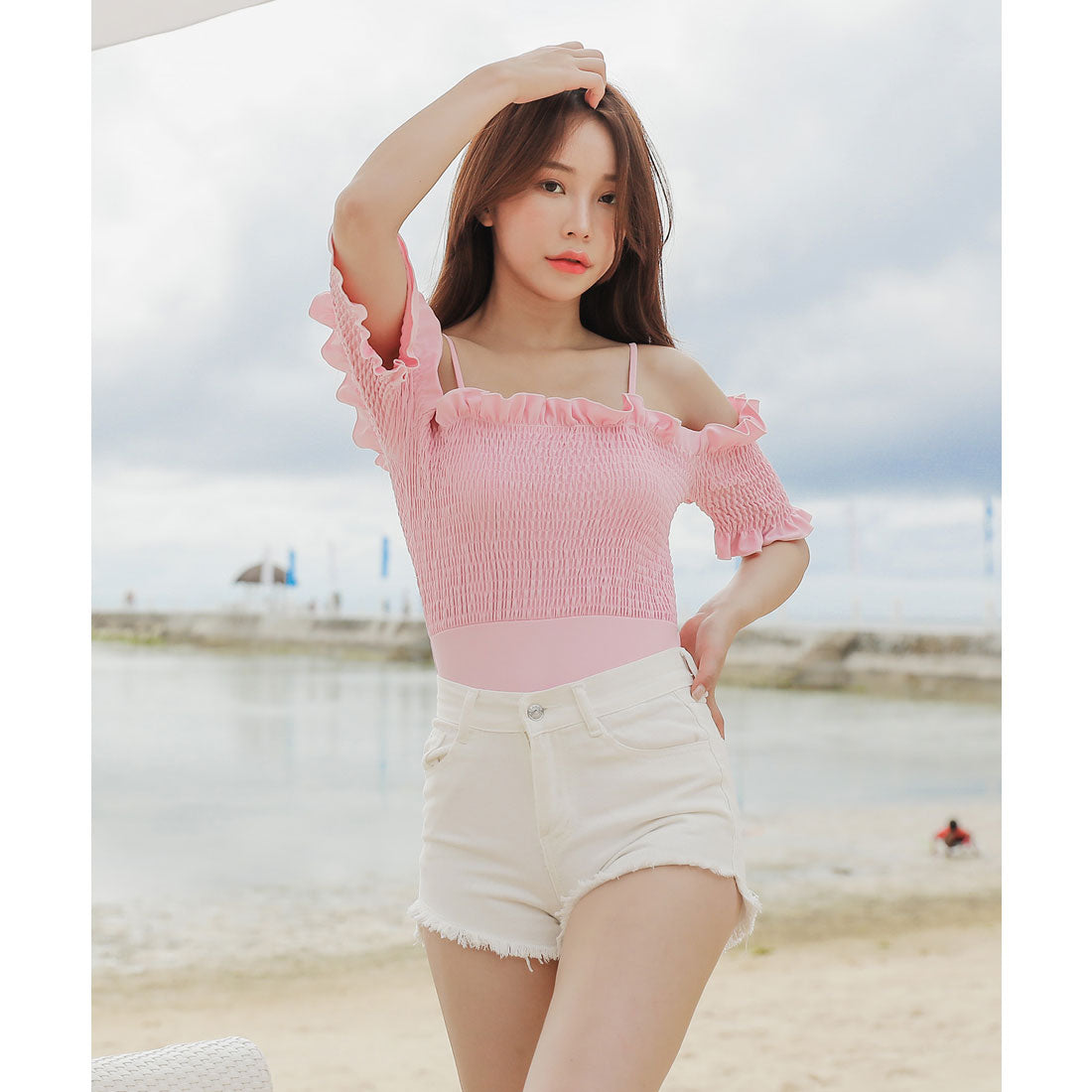 レースレディース Lace Ladies ワンピース水着デニム地ショートパンツ 2点セット【返品不可商品】,ピンク