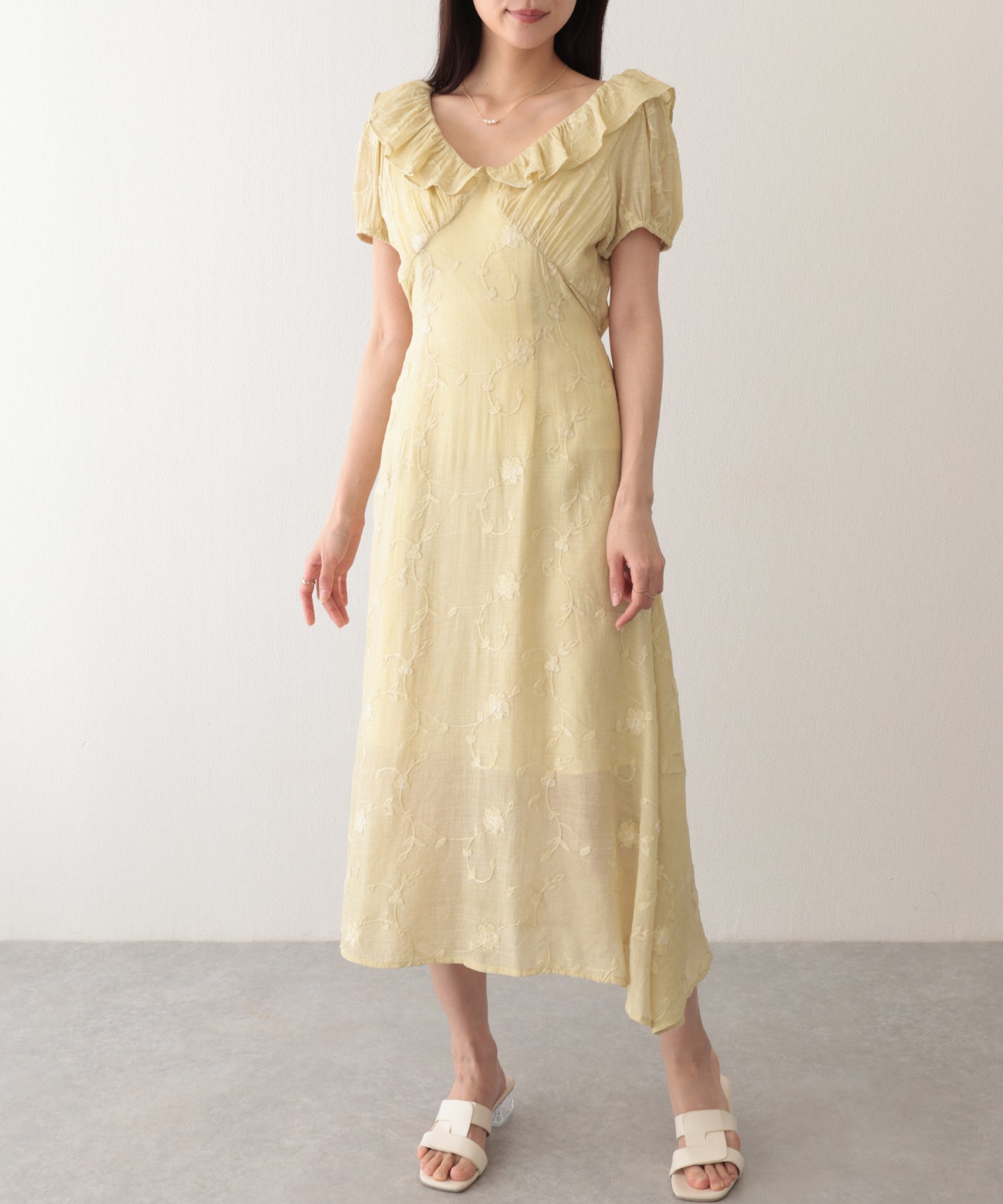レースレディース Lace Ladies ボタニカル柄 フリル カラー ロング ドレス ワンピース （イエロー） イエロー