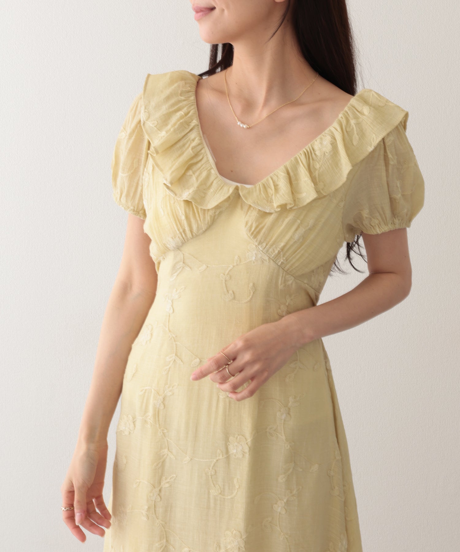 レースレディース Lace Ladies ボタニカル柄 フリル カラー ロング ドレス ワンピース （イエロー） イエロー