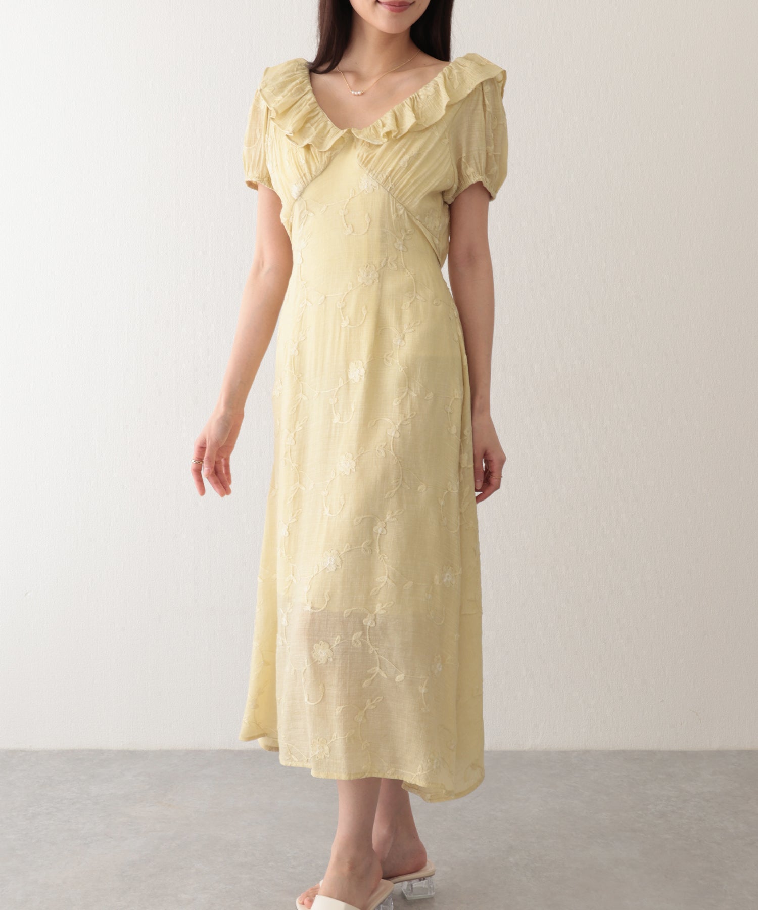 レースレディース Lace Ladies ボタニカル柄 フリル カラー ロング ドレス ワンピース （イエロー） イエロー