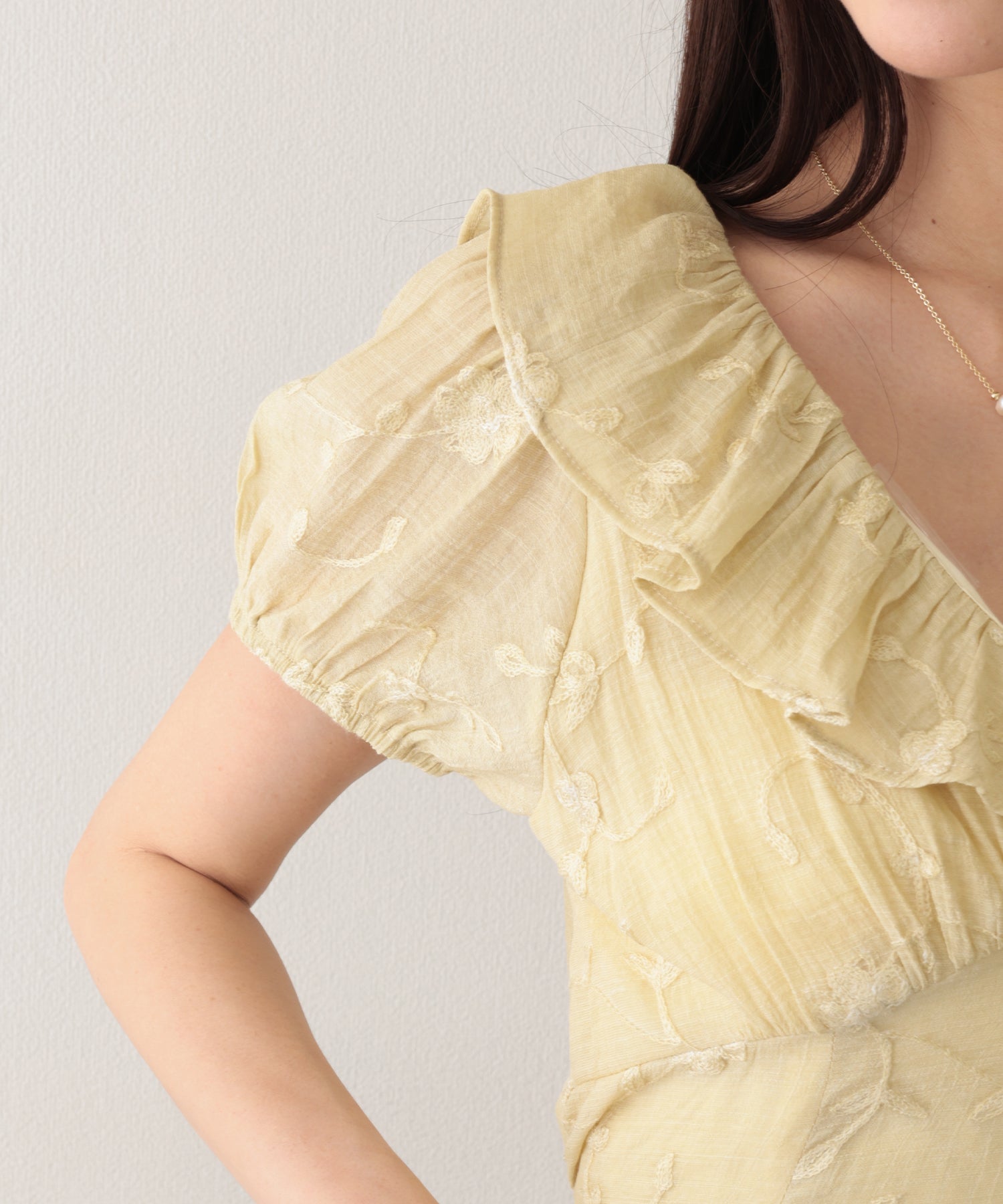 レースレディース Lace Ladies ボタニカル柄 フリル カラー ロング ドレス ワンピース （イエロー） イエロー