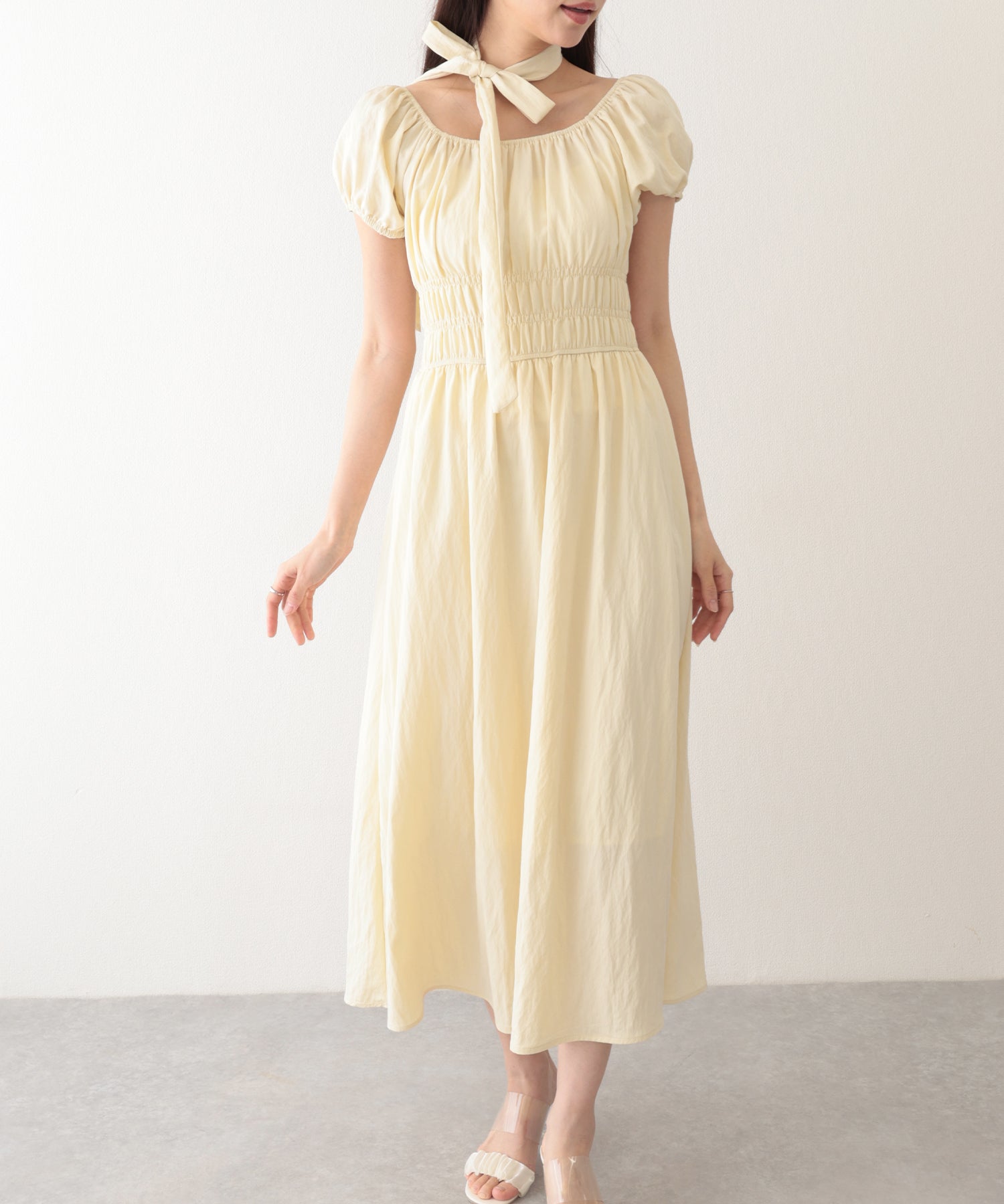 レースレディース Lace Ladies タイ付き付き パフスリーブ ギャザー ロング ワンピース （イエロー） イエロー