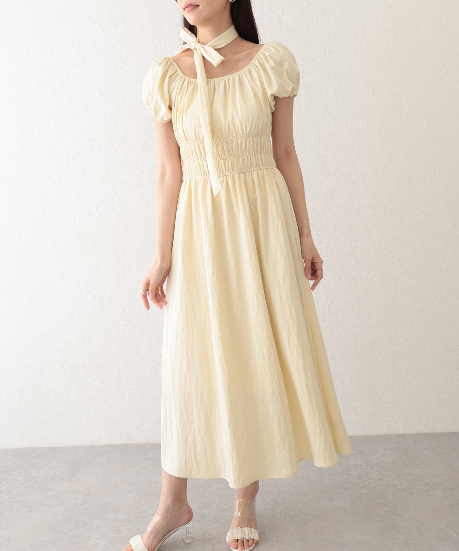 レースレディース Lace Ladies タイ付き付き パフスリーブ ギャザー ロング ワンピース （イエロー） イエロー