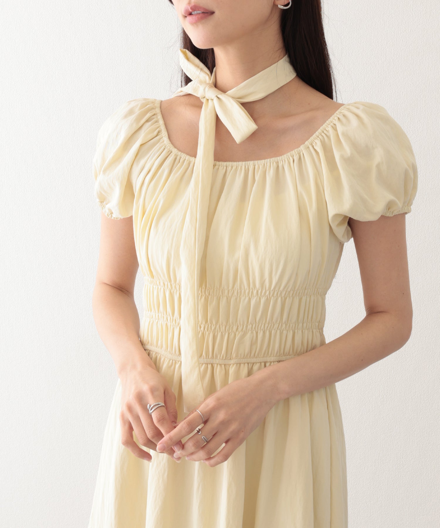 レースレディース Lace Ladies タイ付き付き パフスリーブ ギャザー ロング ワンピース （イエロー） イエロー
