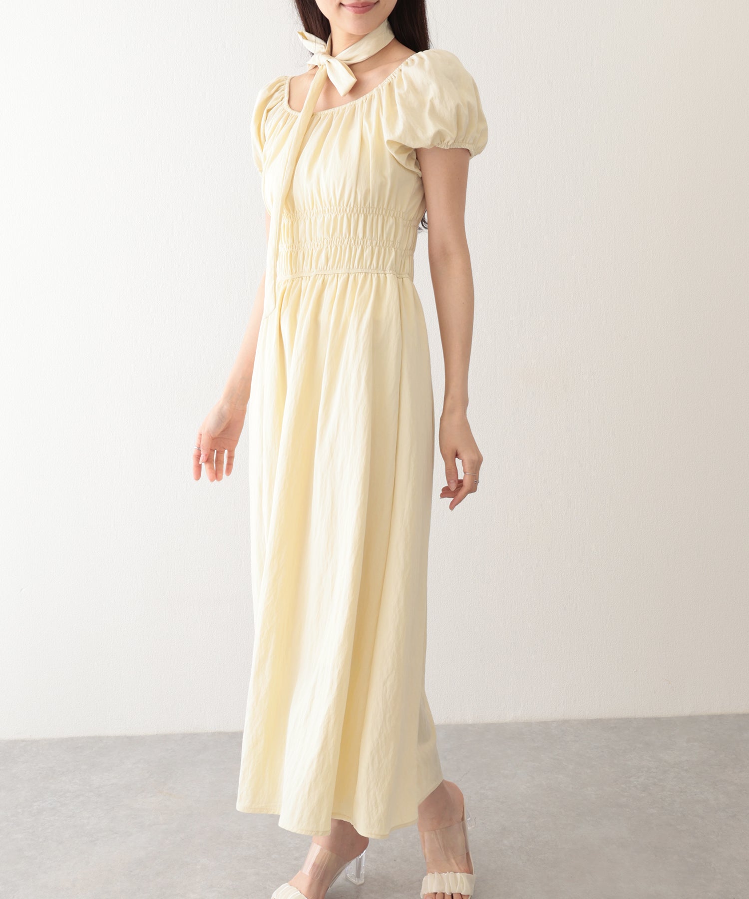 レースレディース Lace Ladies タイ付き付き パフスリーブ ギャザー ロング ワンピース （イエロー） イエロー