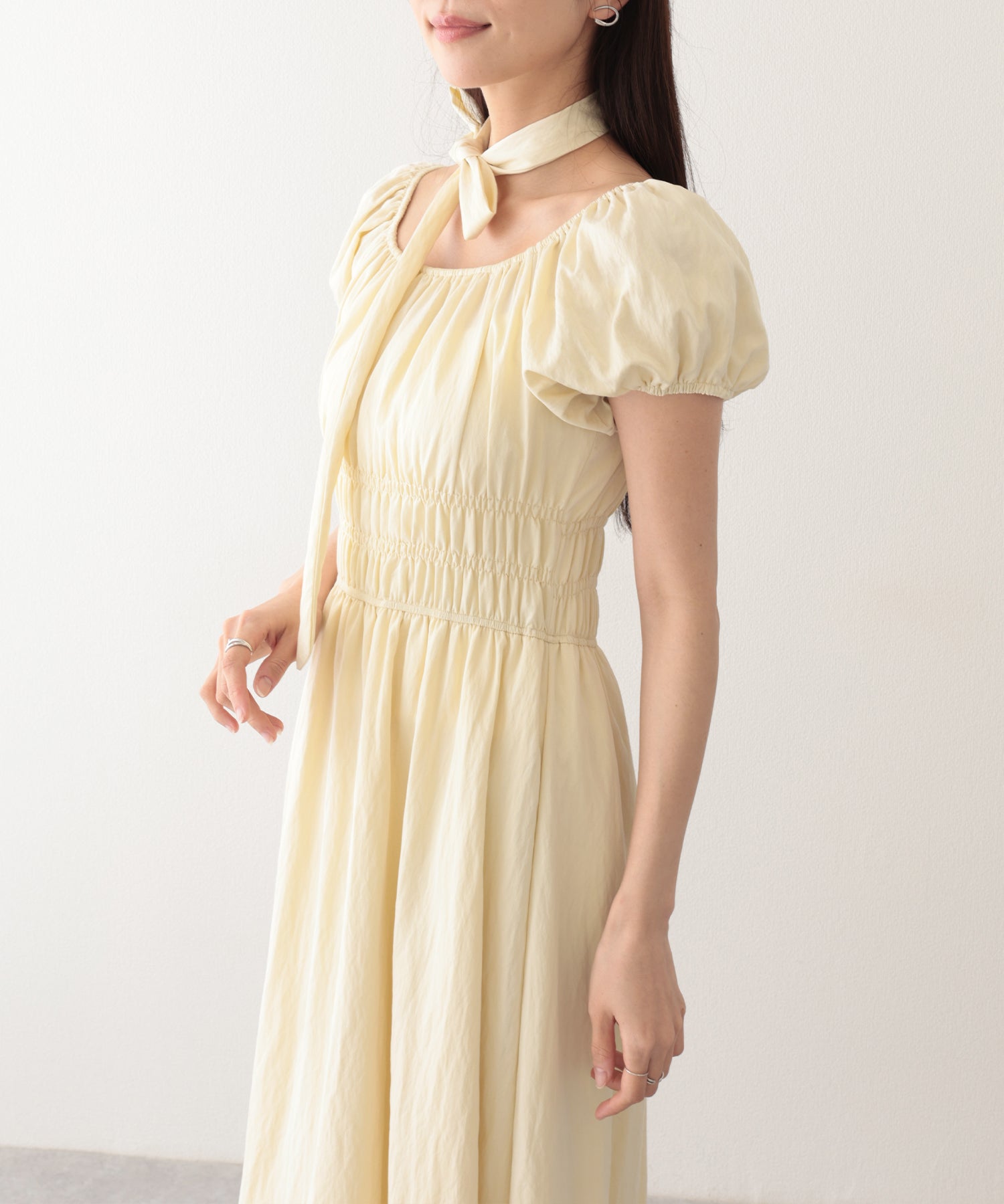 レースレディース Lace Ladies タイ付き付き パフスリーブ ギャザー ロング ワンピース （イエロー） イエロー