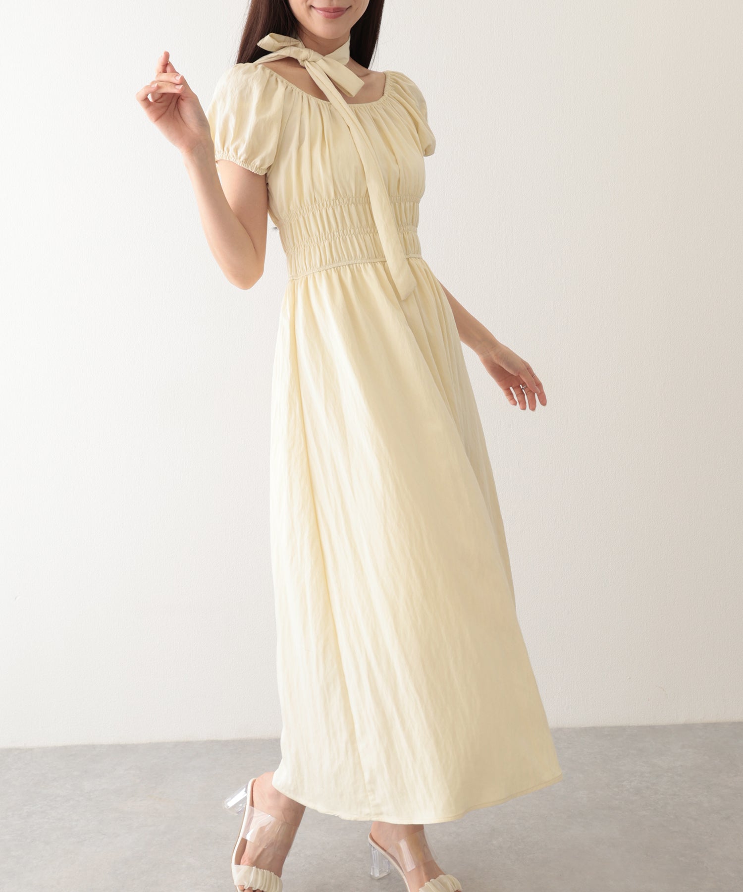 レースレディース Lace Ladies タイ付き付き パフスリーブ ギャザー ロング ワンピース （イエロー） イエロー
