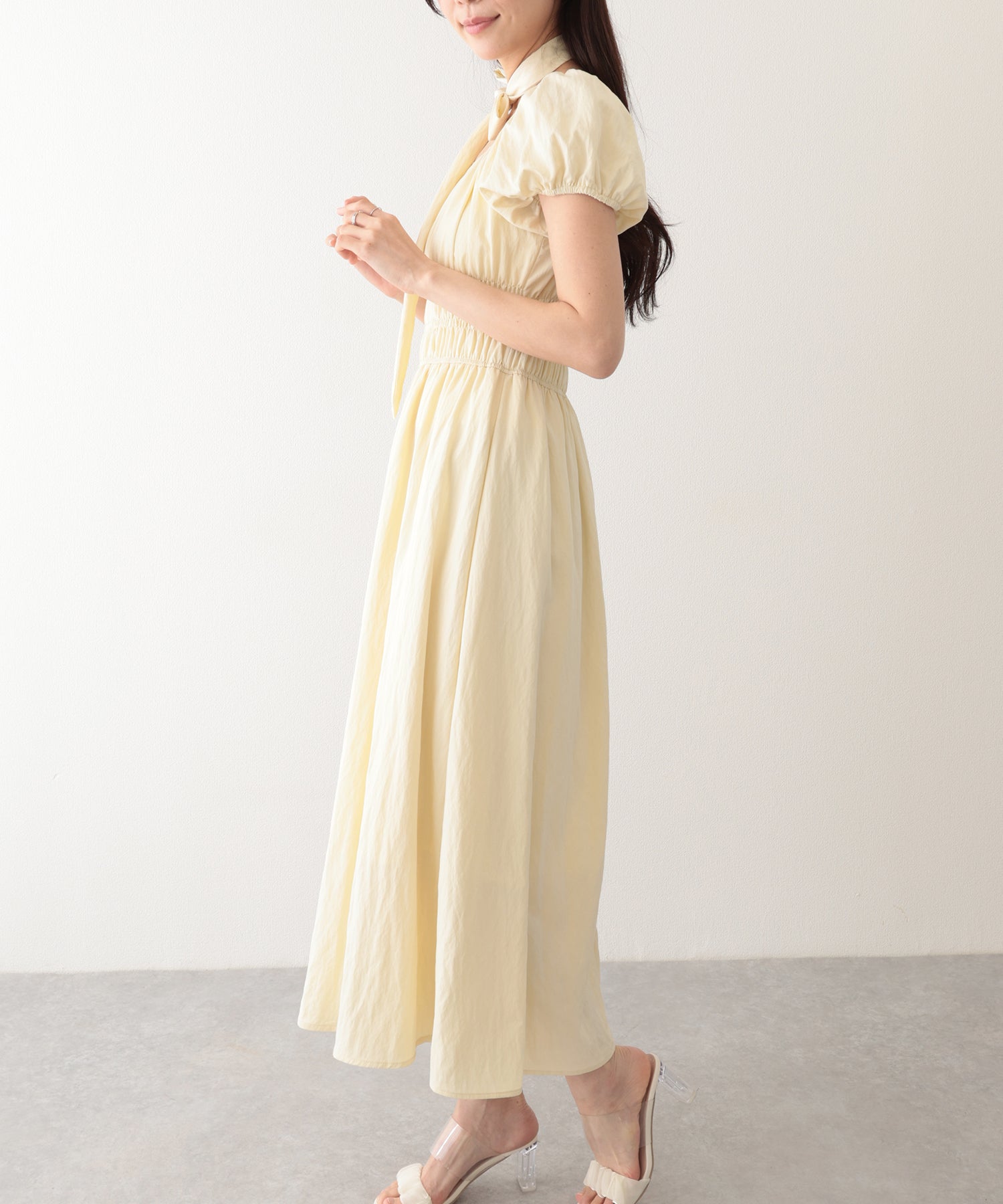 レースレディース Lace Ladies タイ付き付き パフスリーブ ギャザー ロング ワンピース （イエロー） イエロー