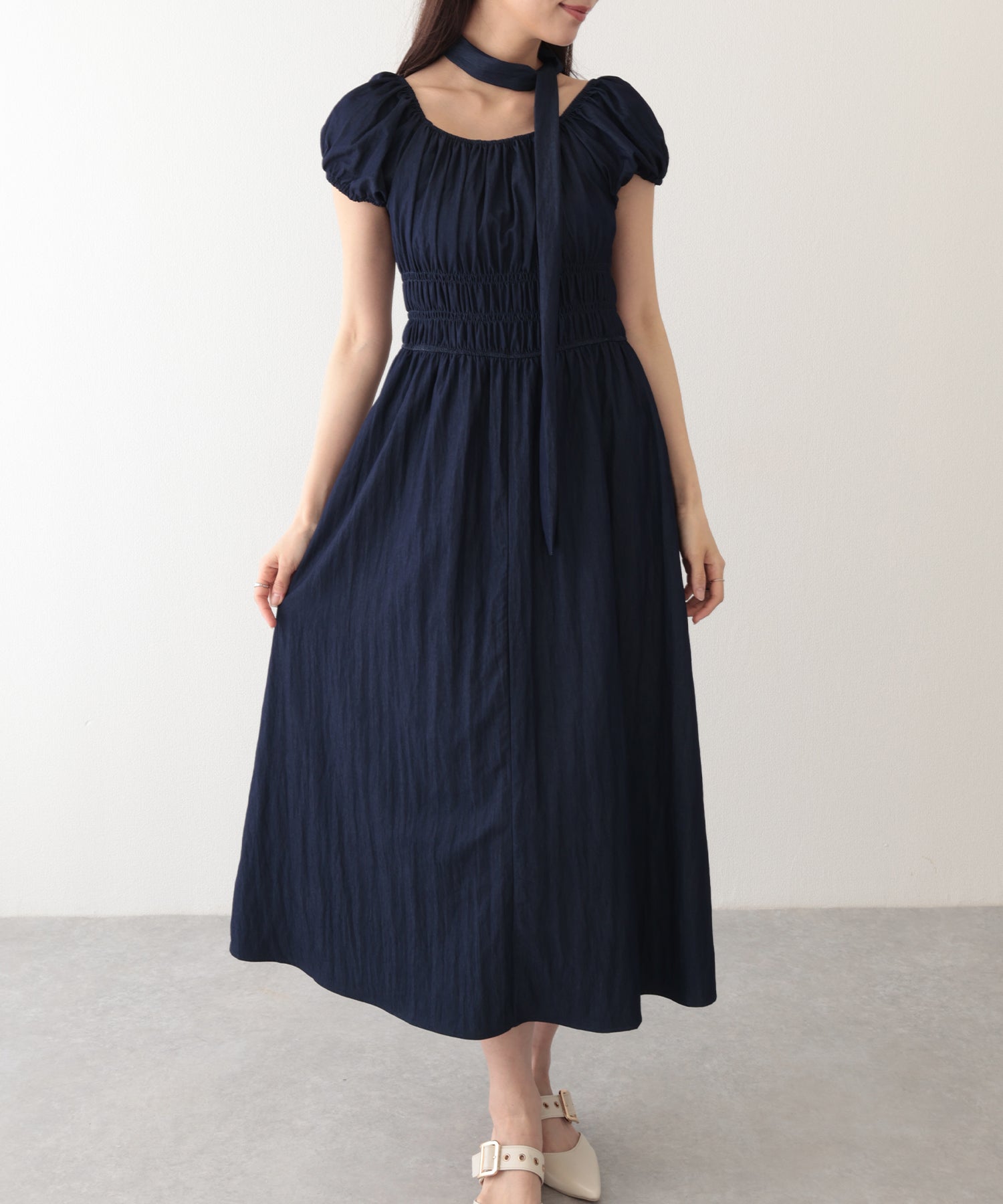 レースレディース Lace Ladies タイ付き付き パフスリーブ ギャザー ロング ワンピース （ネイビー） ネイビー