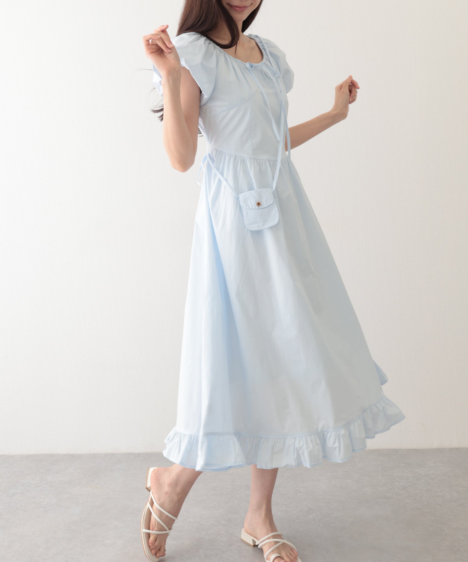 レースレディース Lace Ladies ポシェット付き ラウンドネック ギャザー ロング ワンピース （ブルー） ブルー