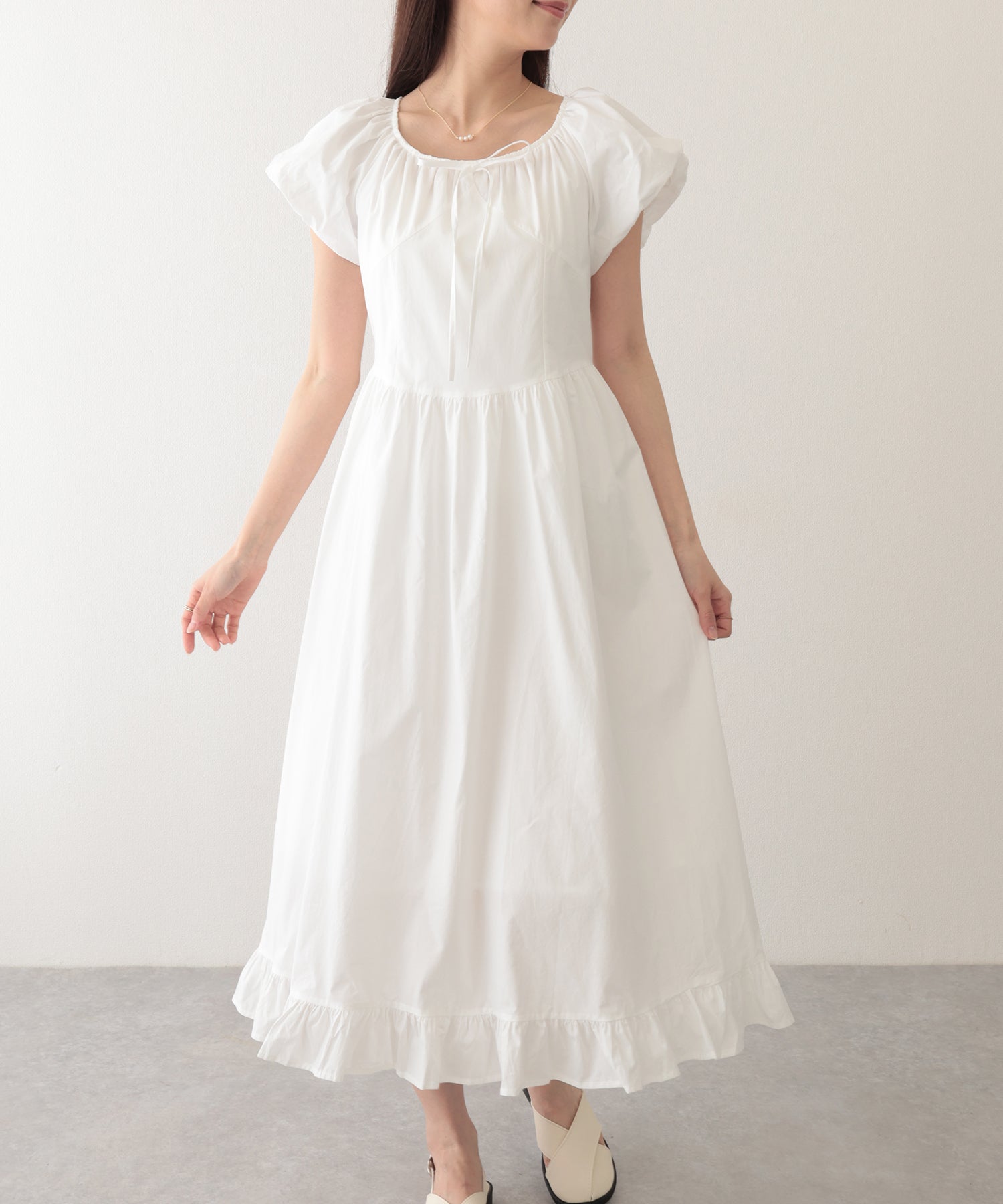 レースレディース Lace Ladies ポシェット付き ラウンドネック ギャザー ロング ワンピース （アイボリー） アイボリー