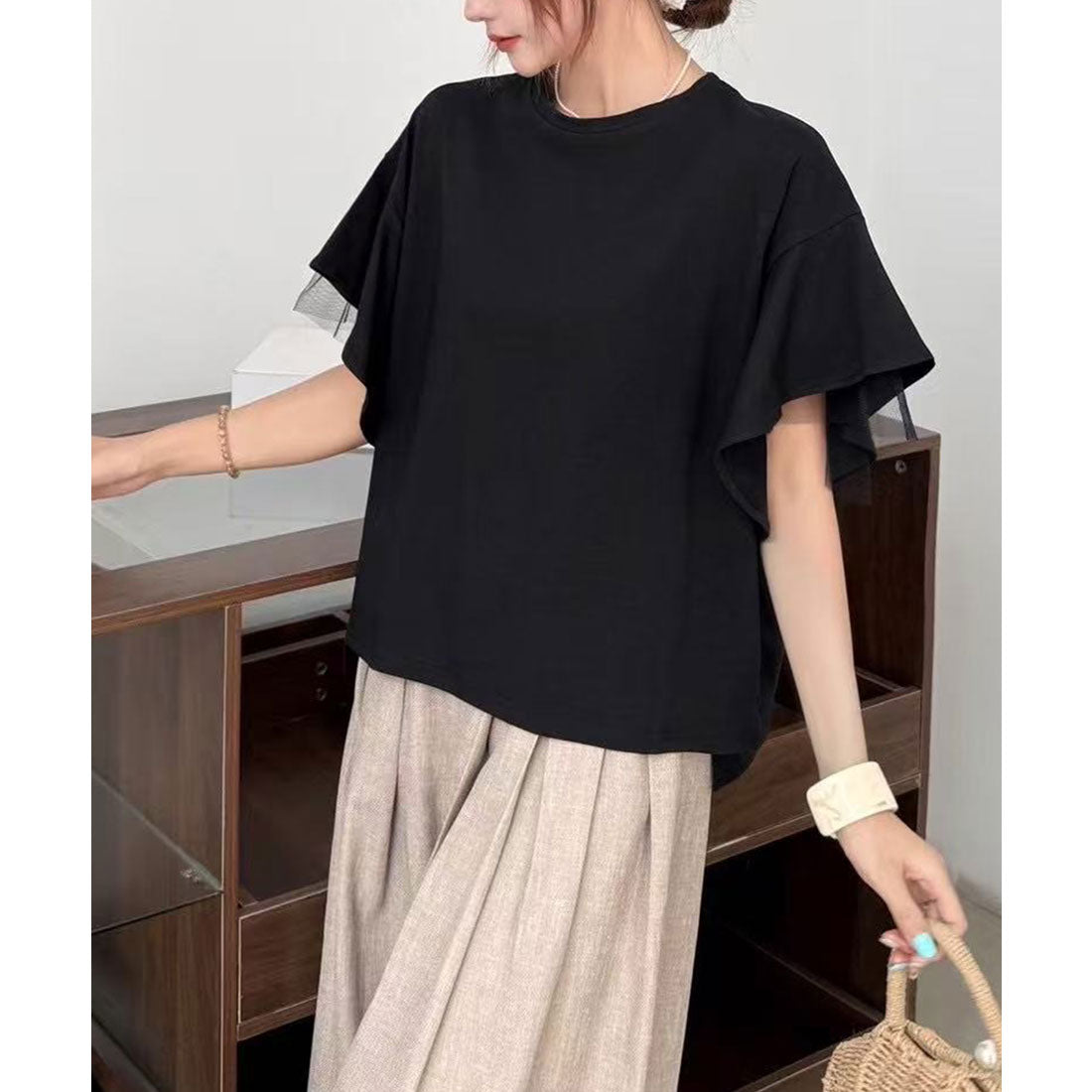 レースレディース Lace Ladies フリルショルダー チュール ドッキング オーバーサイズ 半袖 Tシャツ （ブラック） ブラック