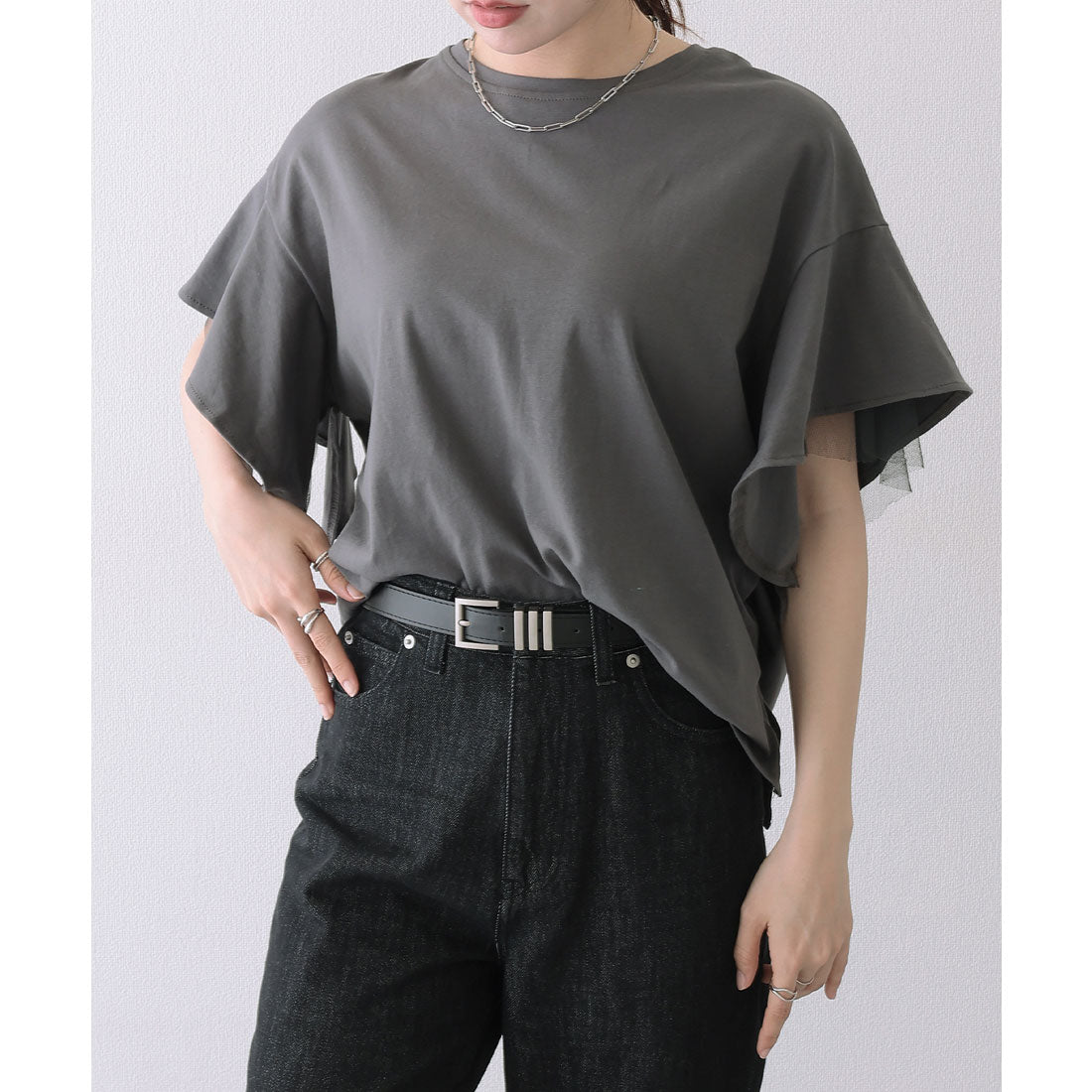 レースレディース Lace Ladies フリルショルダー チュール ドッキング オーバーサイズ 半袖 Tシャツ （グレー） グレー