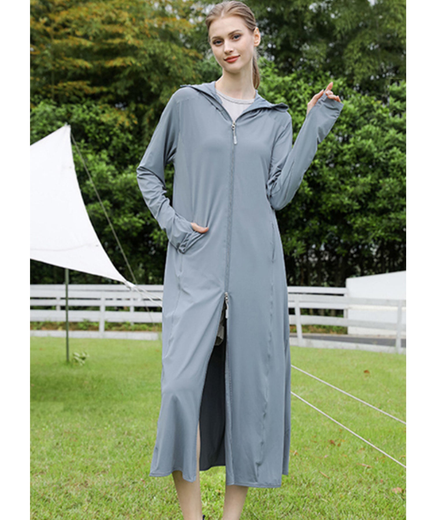 レースレディース Lace Ladies ロング丈 フロント ジップアップ バイザー付き ラッシュガード （ダークグレー） ダークグレー