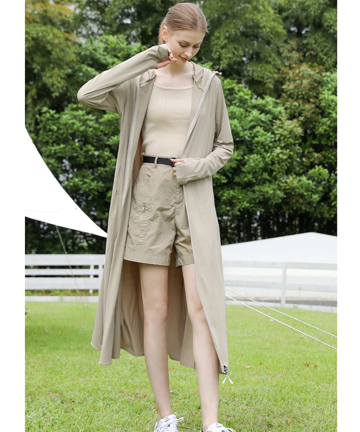 レースレディース Lace Ladies ロング丈 フロント ジップアップ バイザー付き ラッシュガード （ベージュ） ベージュ